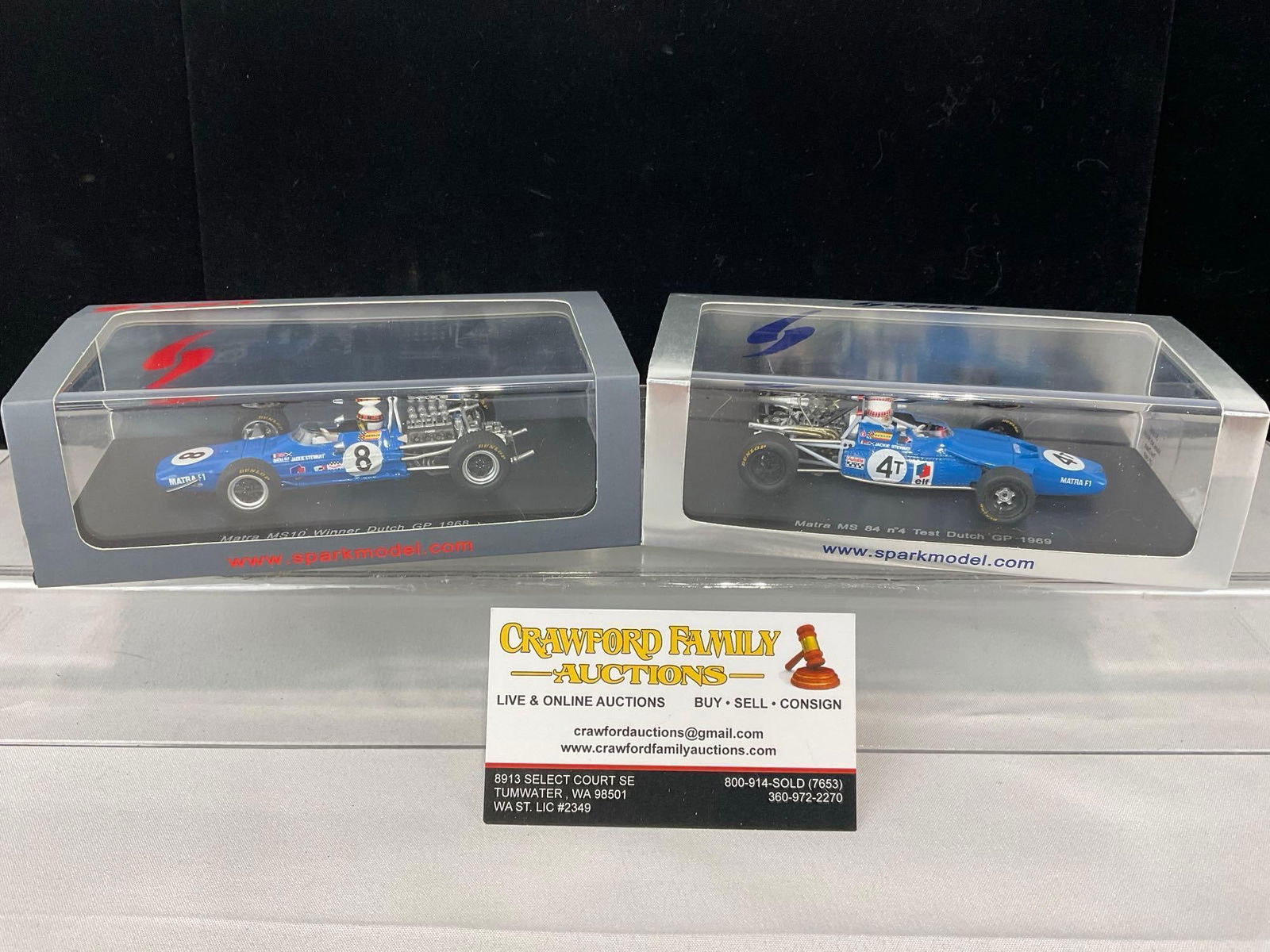 Pair of Spark Matra 1/43 Scale Diecast Car Models, MS84 Test Dutch GP 1969 & MS10 Winner Dutch GP...: Both cars driven by Jackie Stewart. Appears to be in good shape. The piece measures approx 5h x 7w x 4d inches. See pics. E-5420 