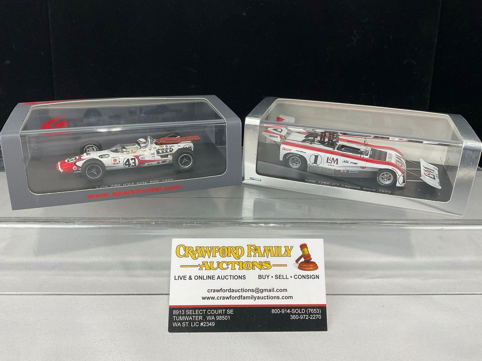 Pair of Spark Lola 1/43 Scale Diecast Car Model, T90 Indy 500 1966 & T260 Laguna Seca 1971: Appears to be in good shape. The piece measures approx 5h x 7w x 4d inches. See pics. E-5420 