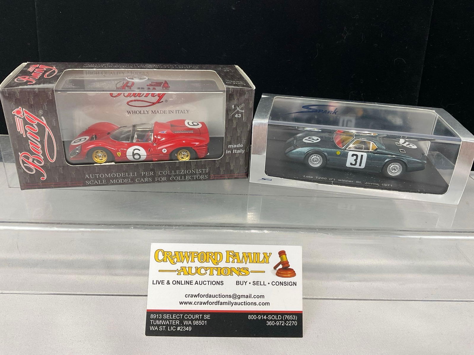 Bang/Spark 1/43 Scale Diecast Car Models, Lola T260 Winner St Jovite 1971 & 1967 Ferrari 330 Spider: Both driven by Jackie Stewart. Appears to be in good shape. The piece measures approx 5h x 7w x 4d inches. See pics. E-5420 