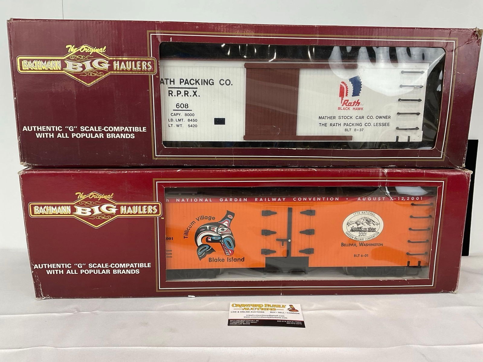 2 G Scale Bachmann Model Trains, RPRX Rath Black Hawk Box Car & Tillicum Village Blake Island w/box: Appears to be in fair to good shape. The piece measures approx 11h x 23w x 8d inches. See pics. E-5560 