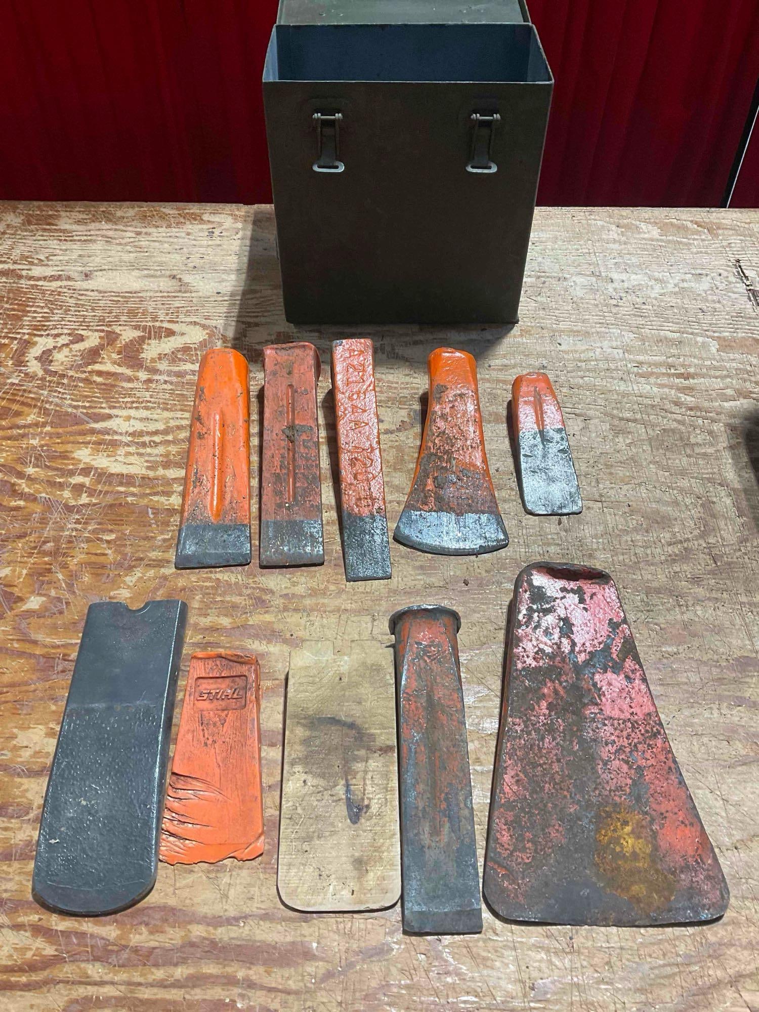 Collection of Wedges for Wood Splitting 8x Metal, 1x Wood, 1x Stihl Plastic: Fits in a container 7" x 11" x 12" Largest wedge is 6 inches at tip, the smallest is 2 inches at tip. Items are in fair condition but with wear consistent with age. V-5360 