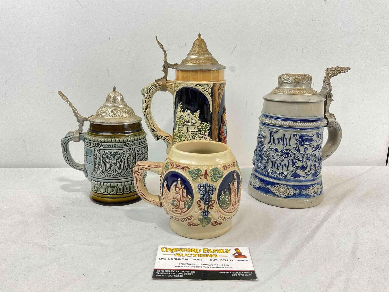 4 pcs Vintage German Ceramic Souvenir Beer Steins, incl. 1x Salt Glazed. Very Good Condition. (1 of 5)