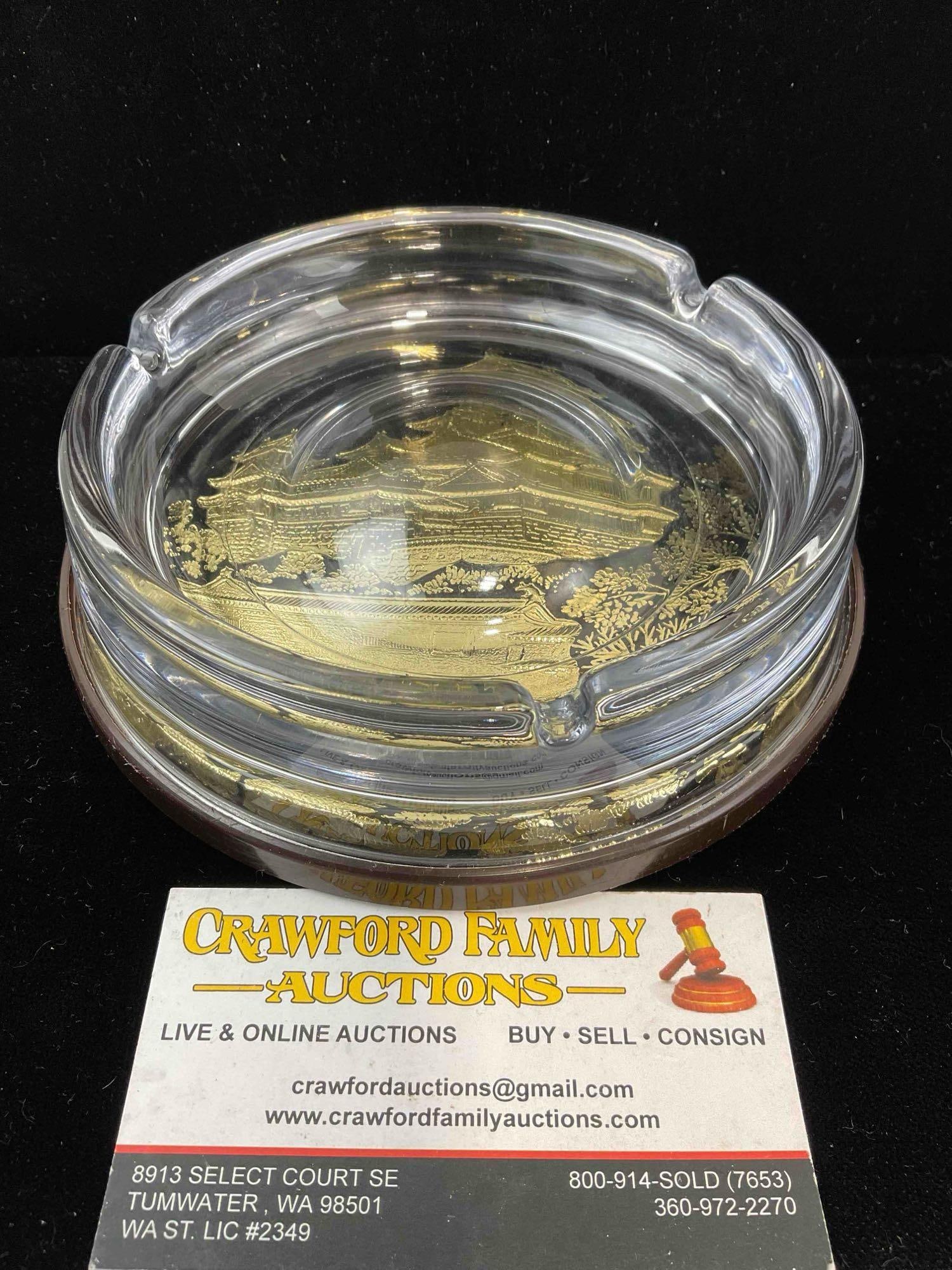 Vintage Glass Ashtray Purchased in Osaka, Japan feat. Castle Scene. Very Good Condition.: Vintage Glass Ashtray Purchased in Osaka, Japan feat. Castle Scene. Very Good Condition. Scratches on bottom, condition is otherwise very good. Measures 5" x 5" x 2" DM-5550 