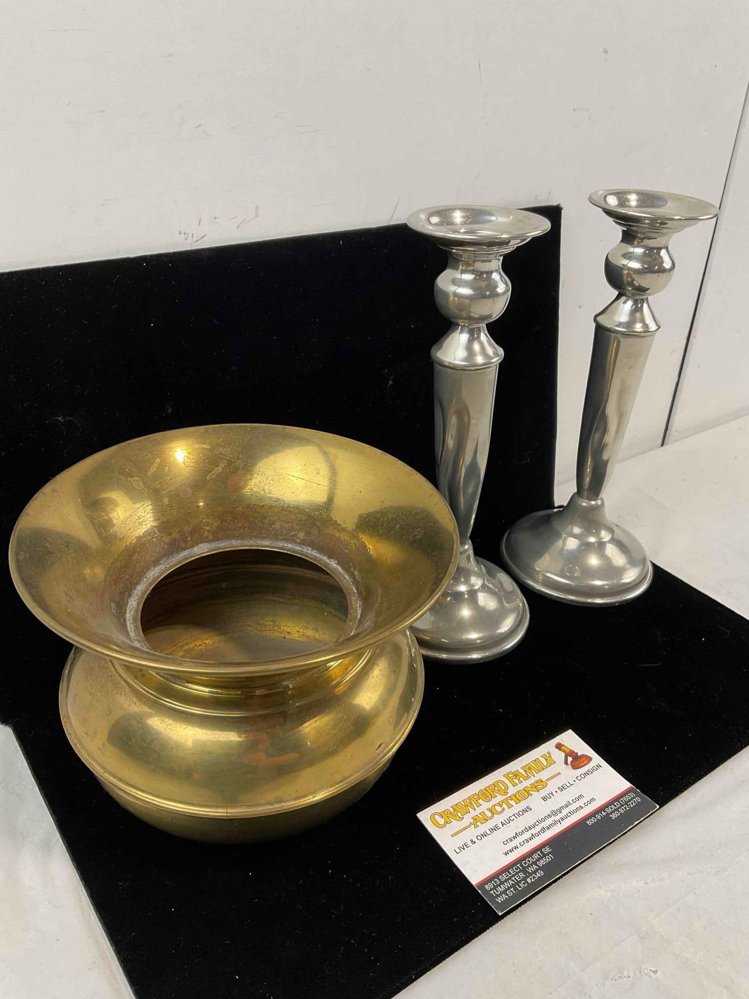 3 pcs Vintage Metal Collectibles, incl. Pair of Hanle Pewter Candlestick Holders & More! See pics. - 2