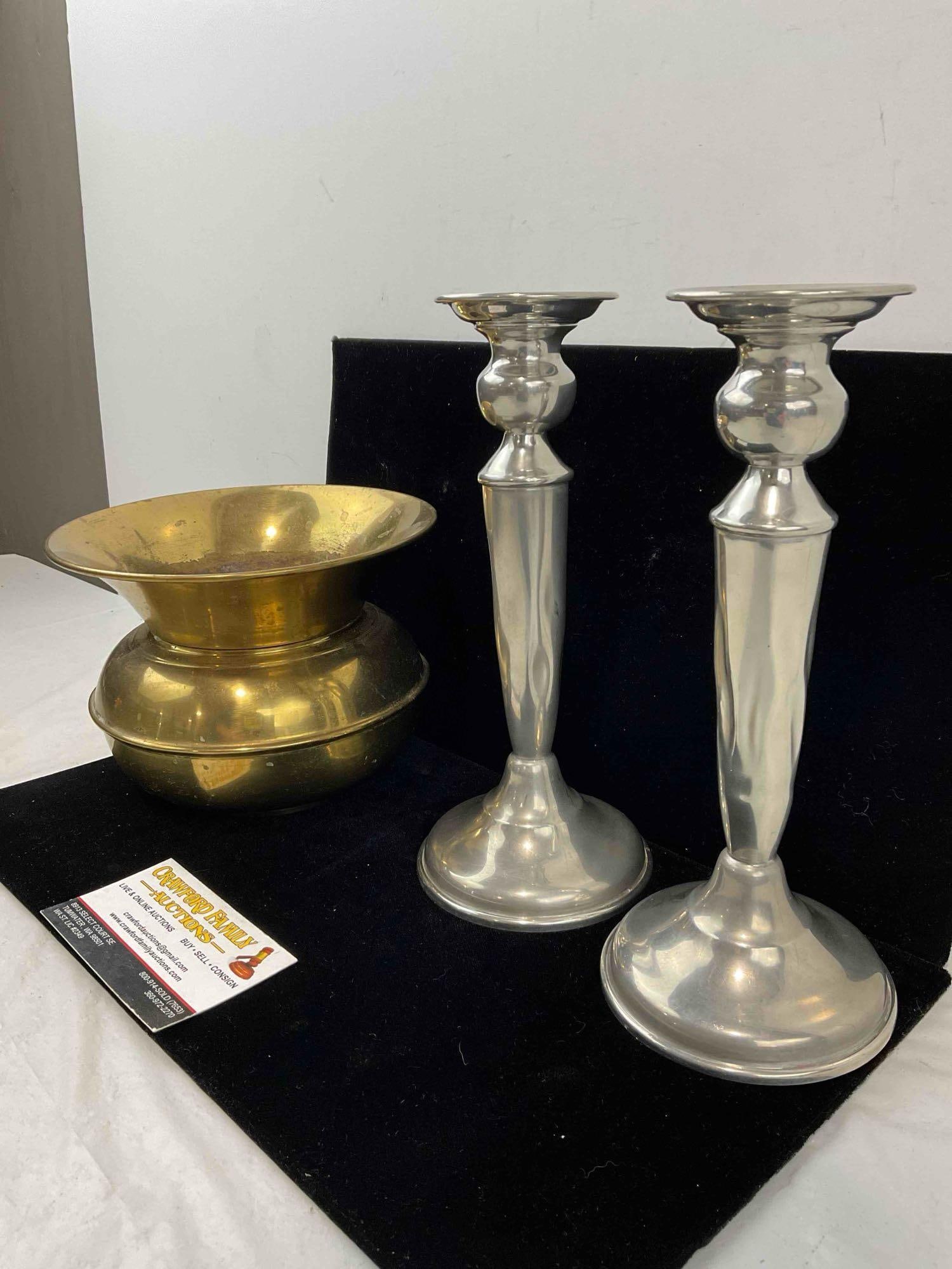 3 pcs Vintage Metal Collectibles, incl. Pair of Hanle Pewter Candlestick Holders & More! See pics. - 3