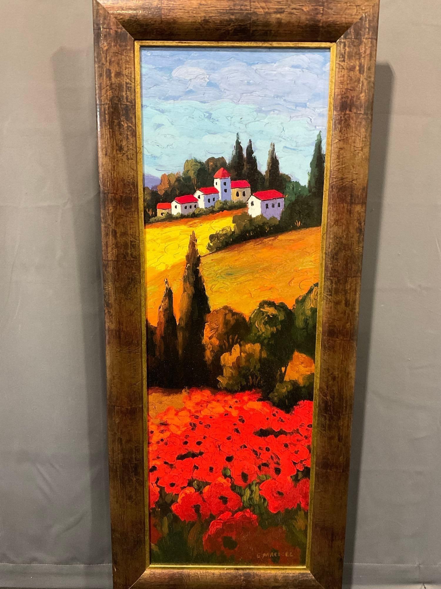 Framed Litho Print of Tuscan Poppies by G Parrocel w/ remark(1540-1614), 42h x 18w x 3d inches: Looks like some paint strokes are added for more depth. Appears to be in fair to good shape. The piece measures approx 42h x 18w x 3d inches. See pics. E-5550 *Freight Required if shipped, Buyer