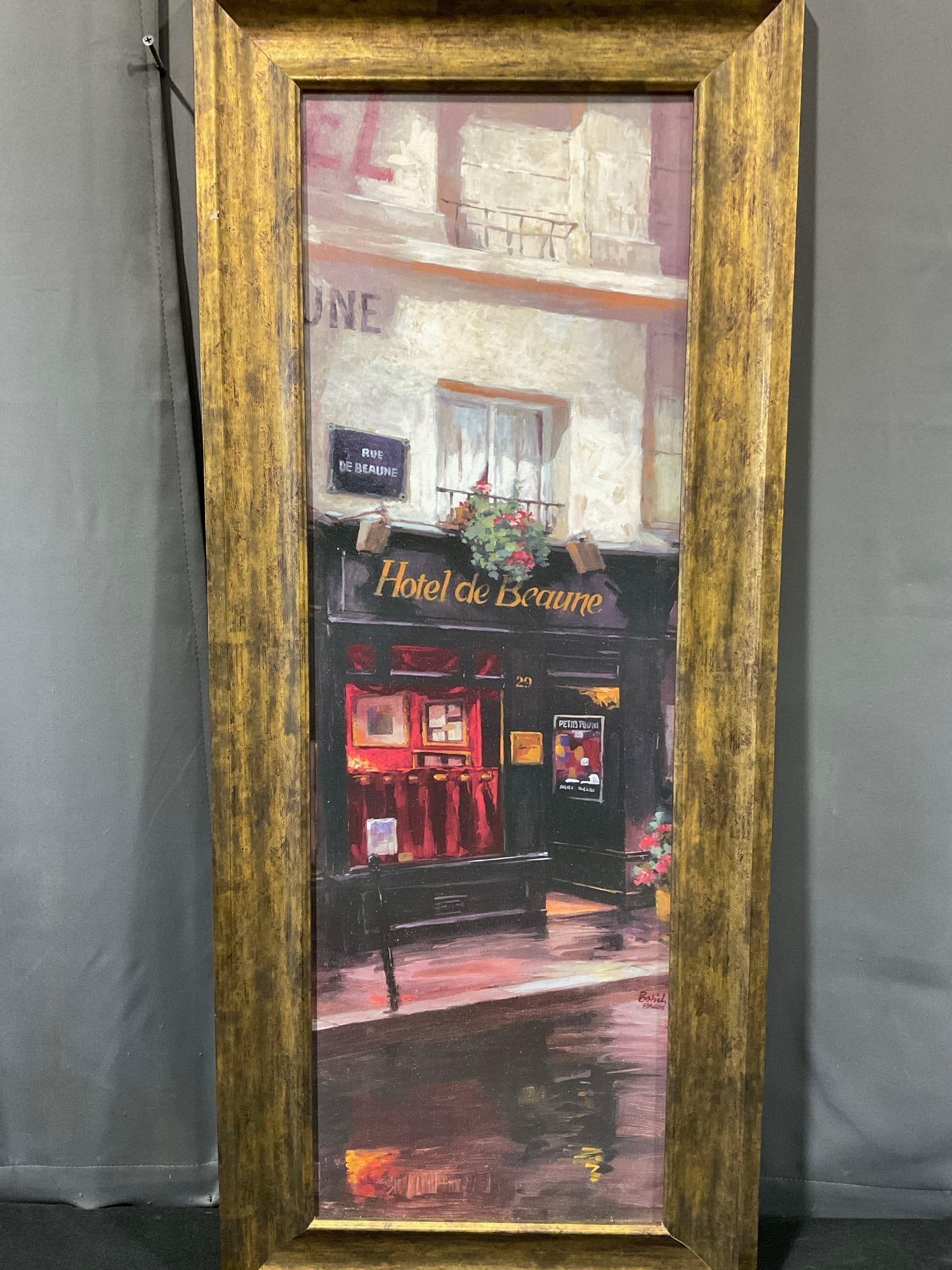 Framed Litho titled Hotel de Beaune by George Botich, Paris Street Scene, 43h x 18w x 3d inches: Appears to be in fair to good shape. The piece measures approx 43h x 18w x 3d inches. See pics. E-5550 *Freight Required if shipped, Buyer Arranged/Responsibility* 