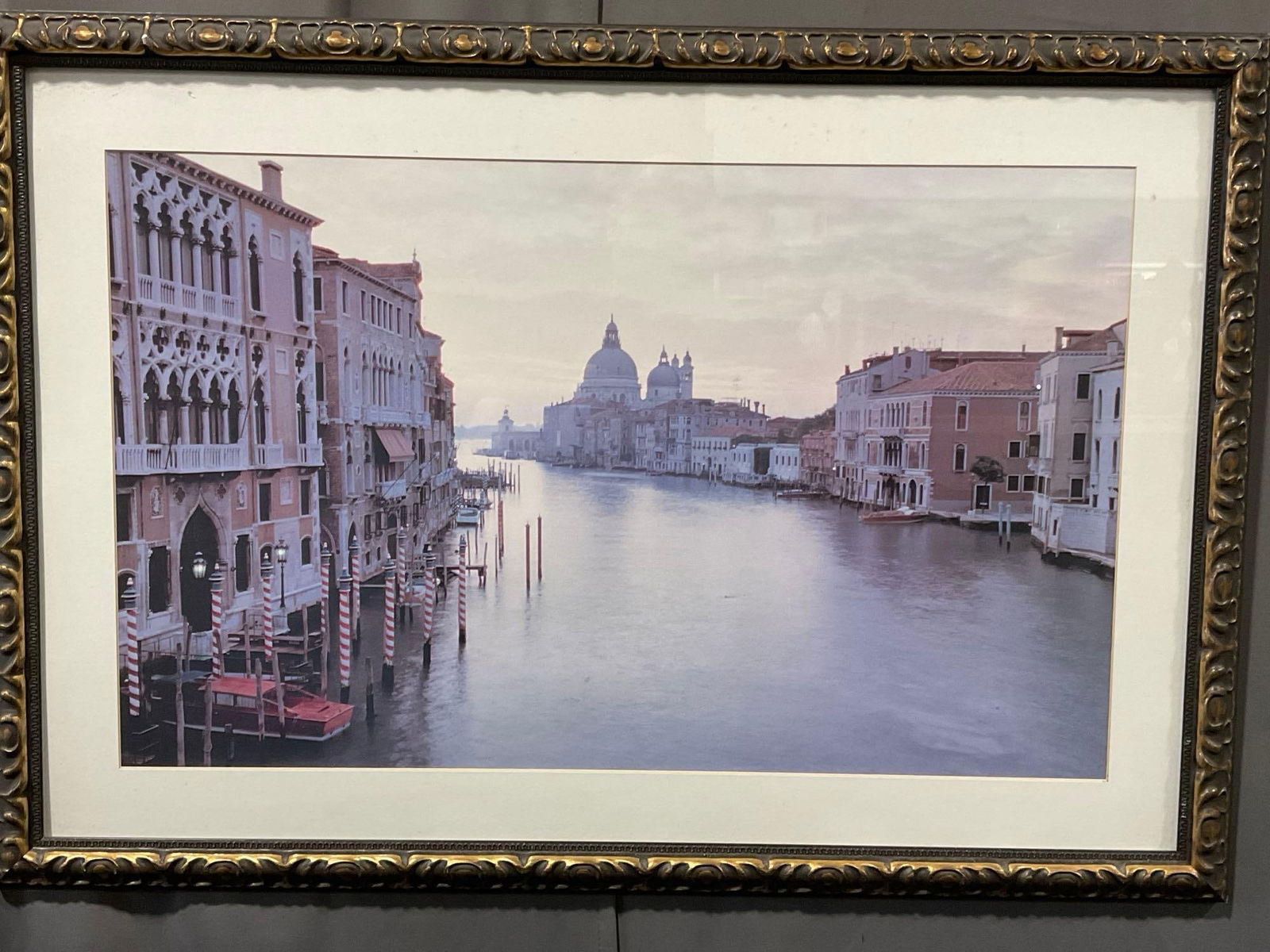 Framed Photo Print of the Grand Canal, Venice, w/Santa Maria della Salute Church in background 28...: Appears to be in fair to good shape. The piece measures approx 28h x 40w x 3d inches. See pics. E-5550 *Freight Required if shipped, Buyer Arranged/Responsibility* 