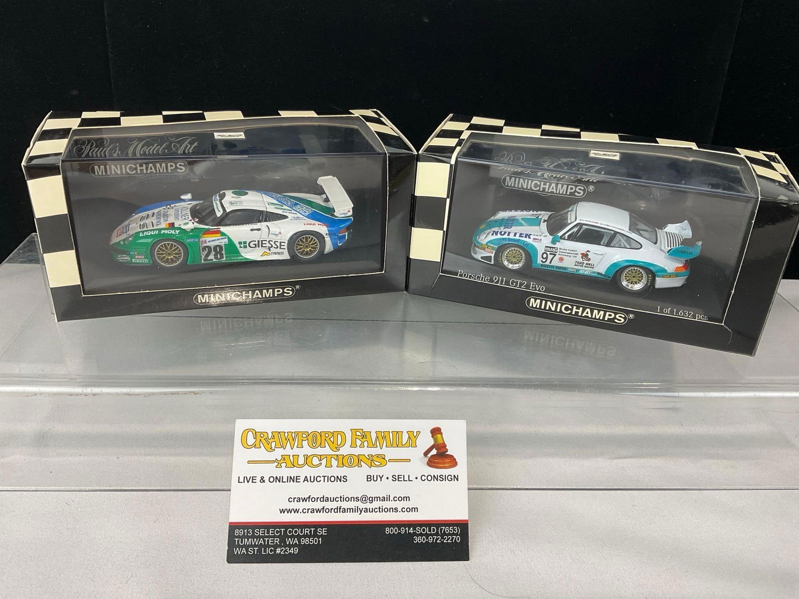 Pair of Minichamps Porsche 911 GT2 97 & 98, Daytona & Le Mans 1/43 Scale Diecast Car Models: Appears to be in good shape. The piece measures approx 6h x 7w x 4d inches. See pics. E-5420