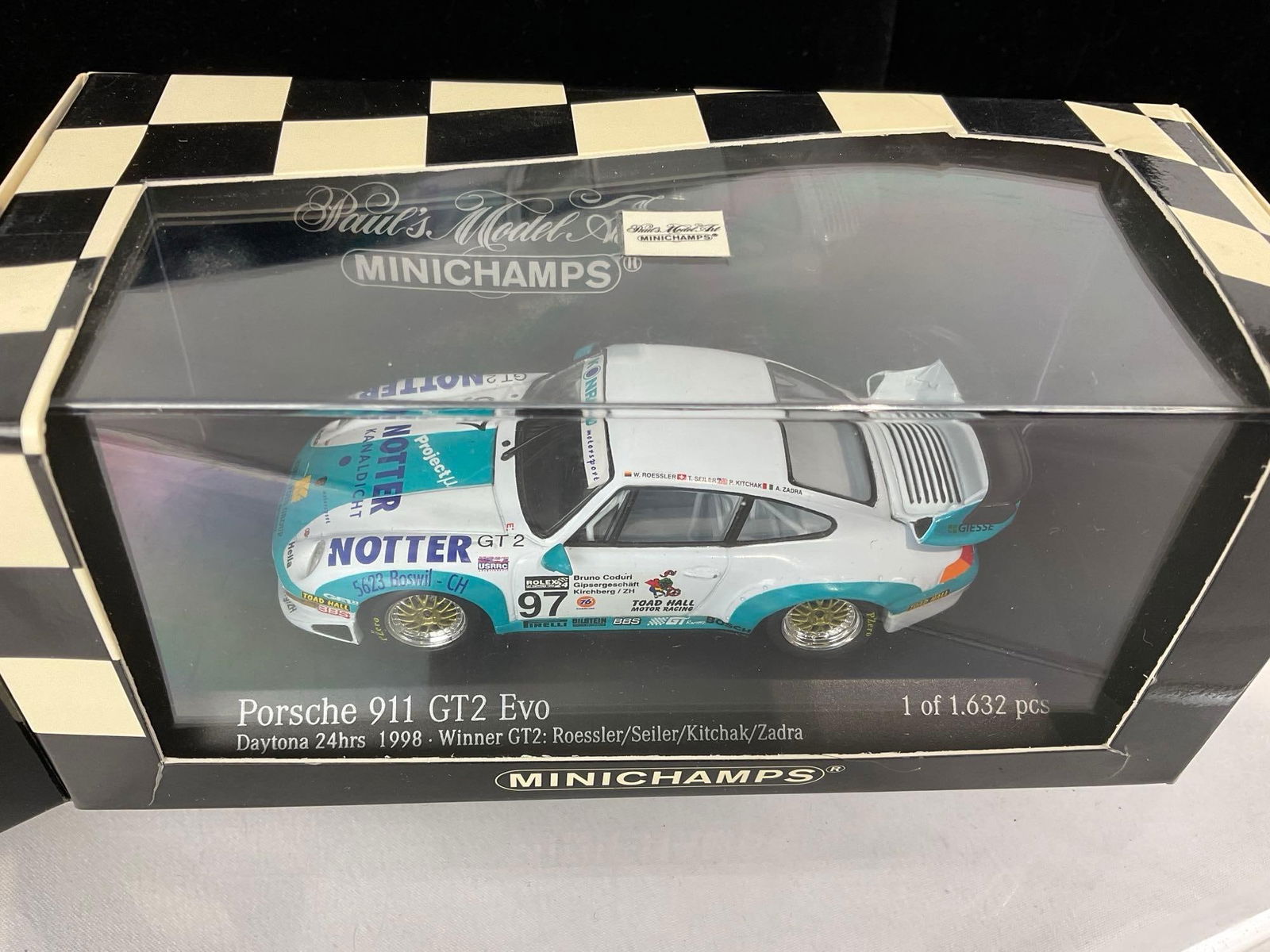 Pair of Minichamps Porsche 911 GT2 97 & 98, Daytona & Le Mans 1/43 Scale Diecast Car Models - 2