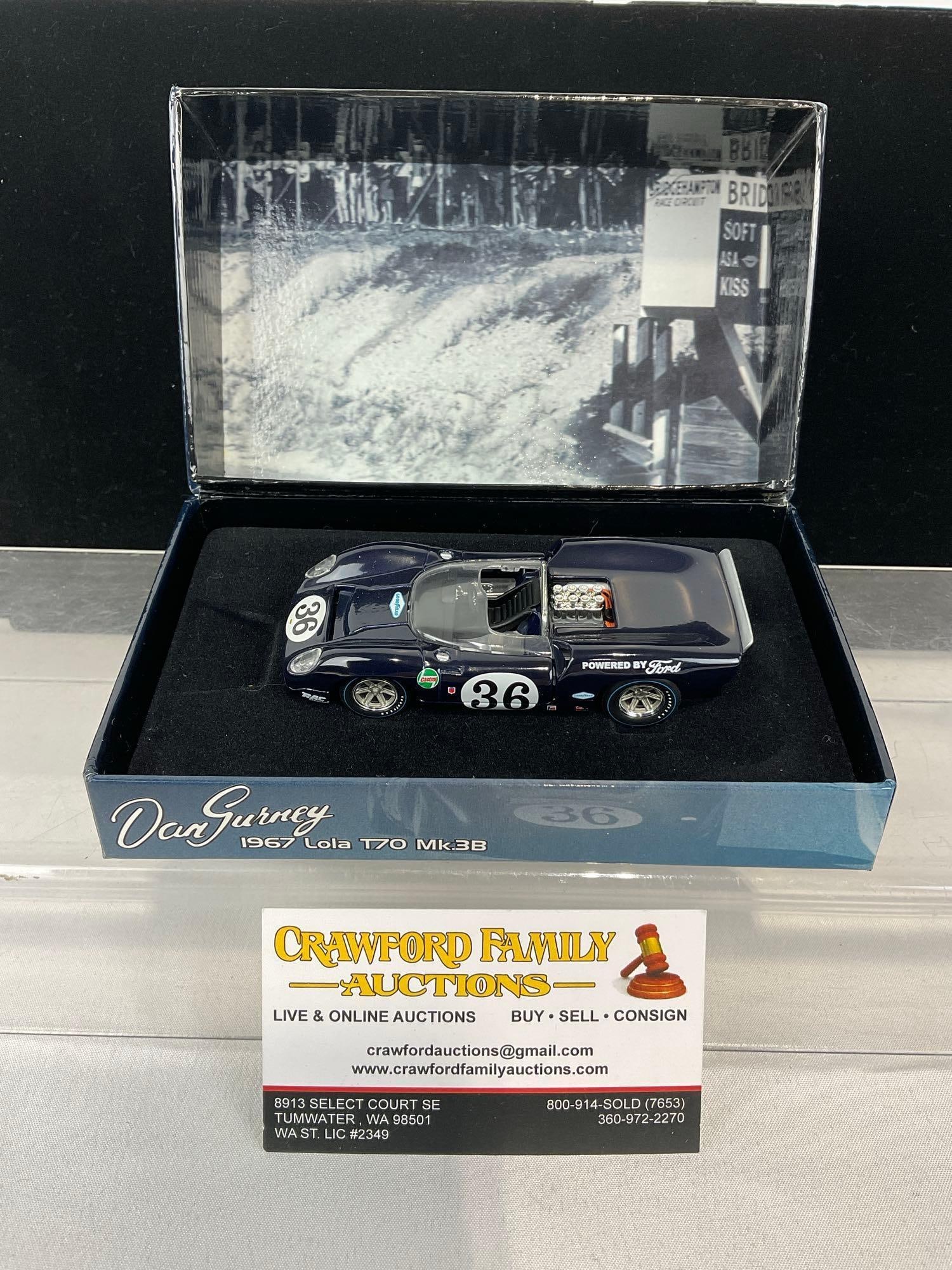 GMP Dan Gurney 1967 Lola T-70 Mk3B Can Am, 1/43 Scale Diecast Car Model: Appears to be in good shape. The piece measures approx 4h x 7w x 4d inches. See pics. E-5420 