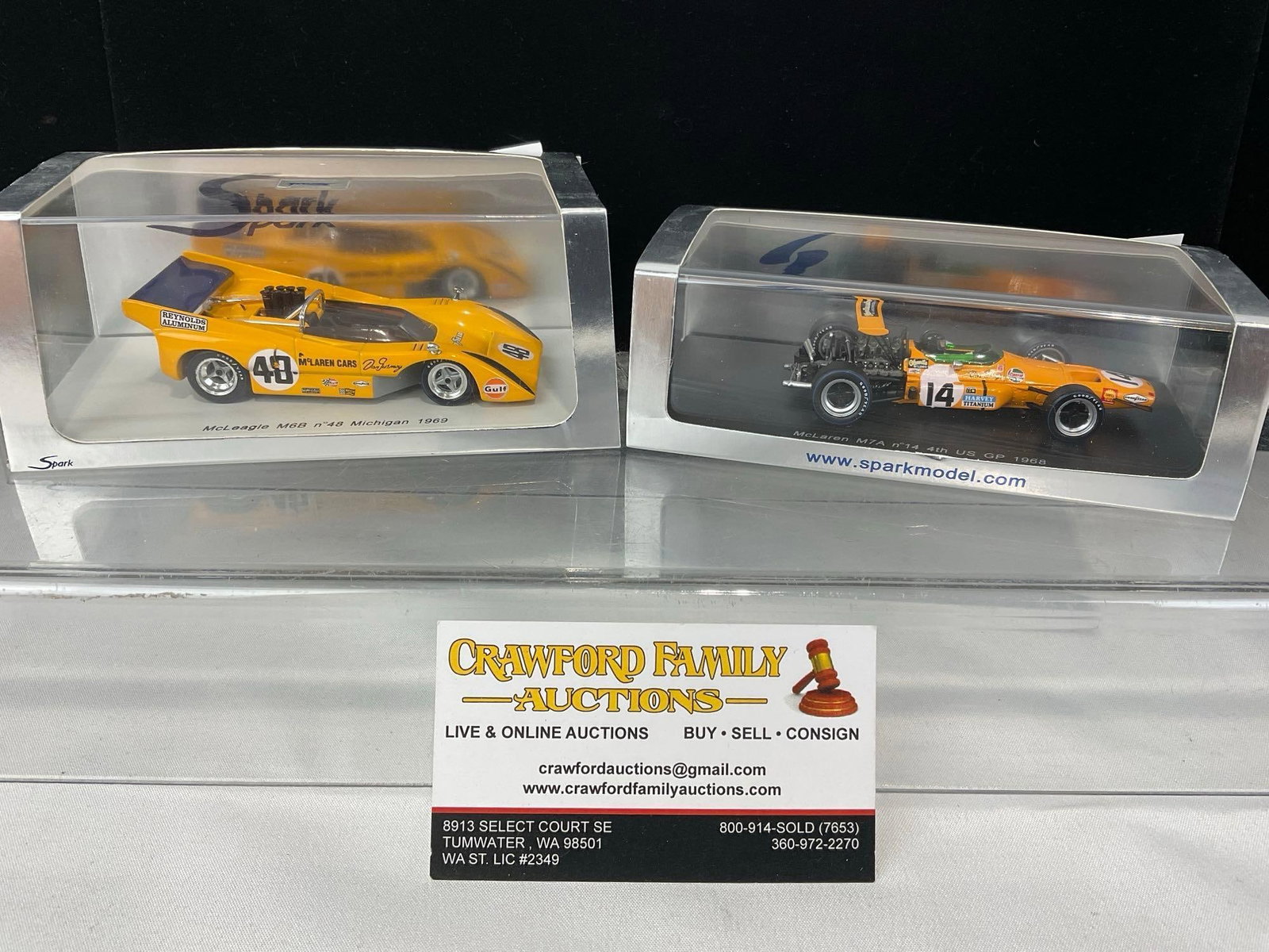 Pair of Spark Dan Gurney 1/43 Scale Diecast Car Models, 1968 McLaren M7A & 69 McLeagle M6B: Appears to be in good shape. The piece measures approx 5h x 7w x 4d inches. See pics. E-5420