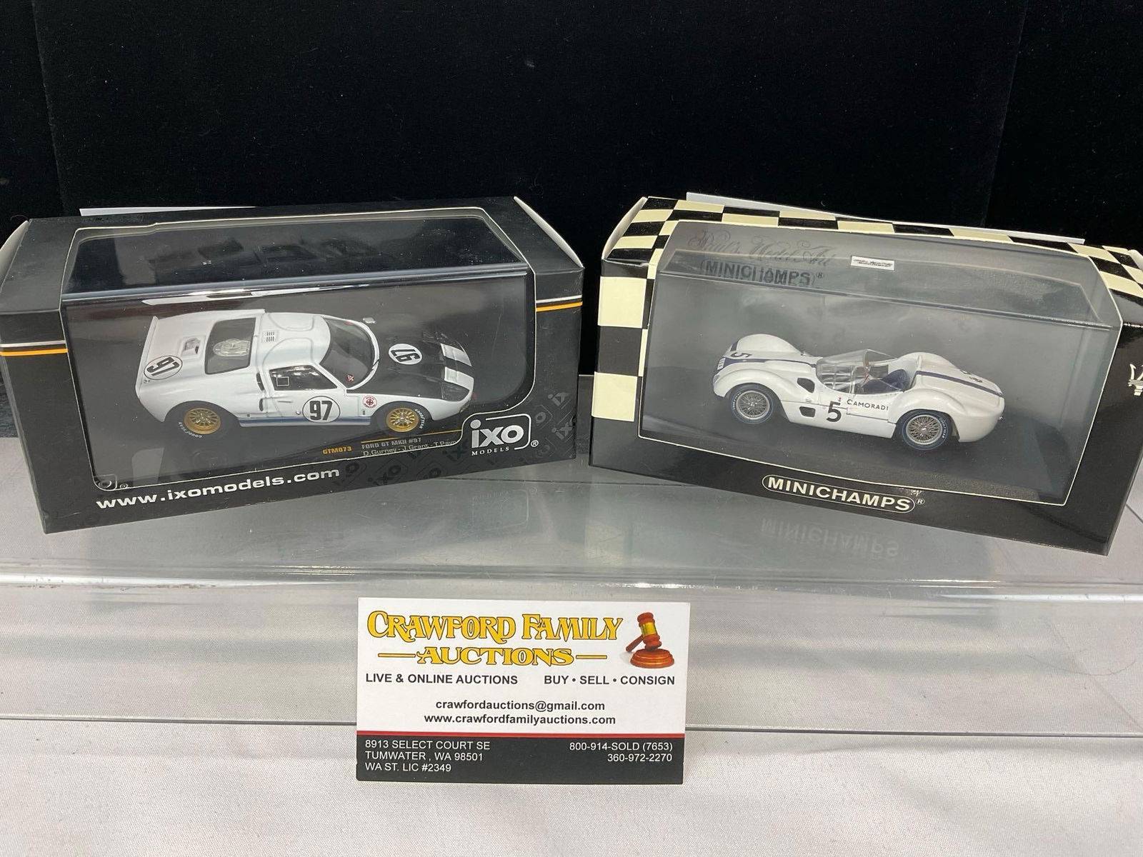 Pair of Dan Gurney 1/43 Scale Diecast Car Models, Ford GT MkII #97 24h Daytona & Maserati Tipo 61: Appears to be in good shape. The piece measures approx 6h x 7w x 4d inches. See pics. E-5420 