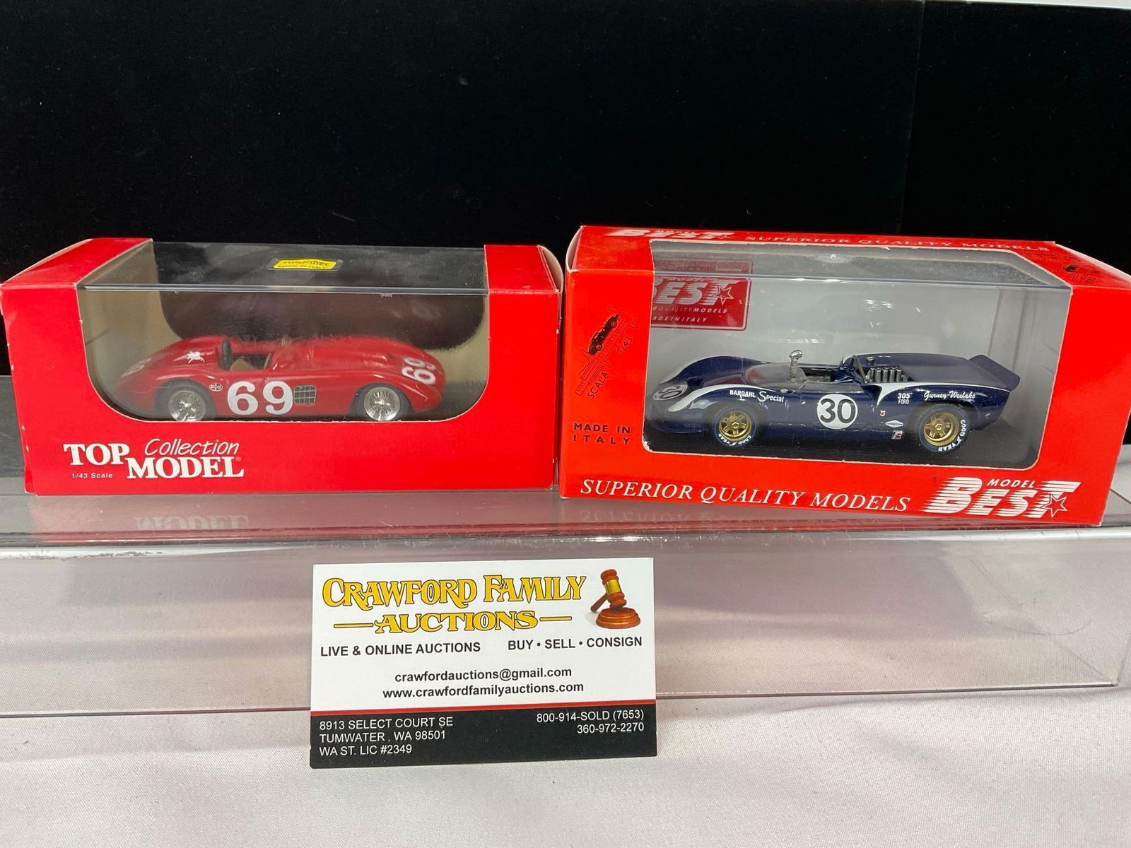 2 1/43 Scale Diecast Car Models, 1960 Ferrari 375 Parravano & 1966 Lola T-70 Spyder Bridgehampton: Appears to be in good shape. The piece measures approx 6h x 7w x 4d inches. See pics. E-5420