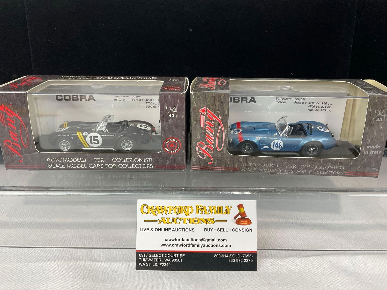 Pair of Bang Ford Shelby Cobra 1/43 Scale Diecast Car Models, 1963 Sebring 12H & 1964 Targa Florio: Appears to be in good shape. The piece measures approx 6h x 7w x 4d inches. See pics. E-5420 