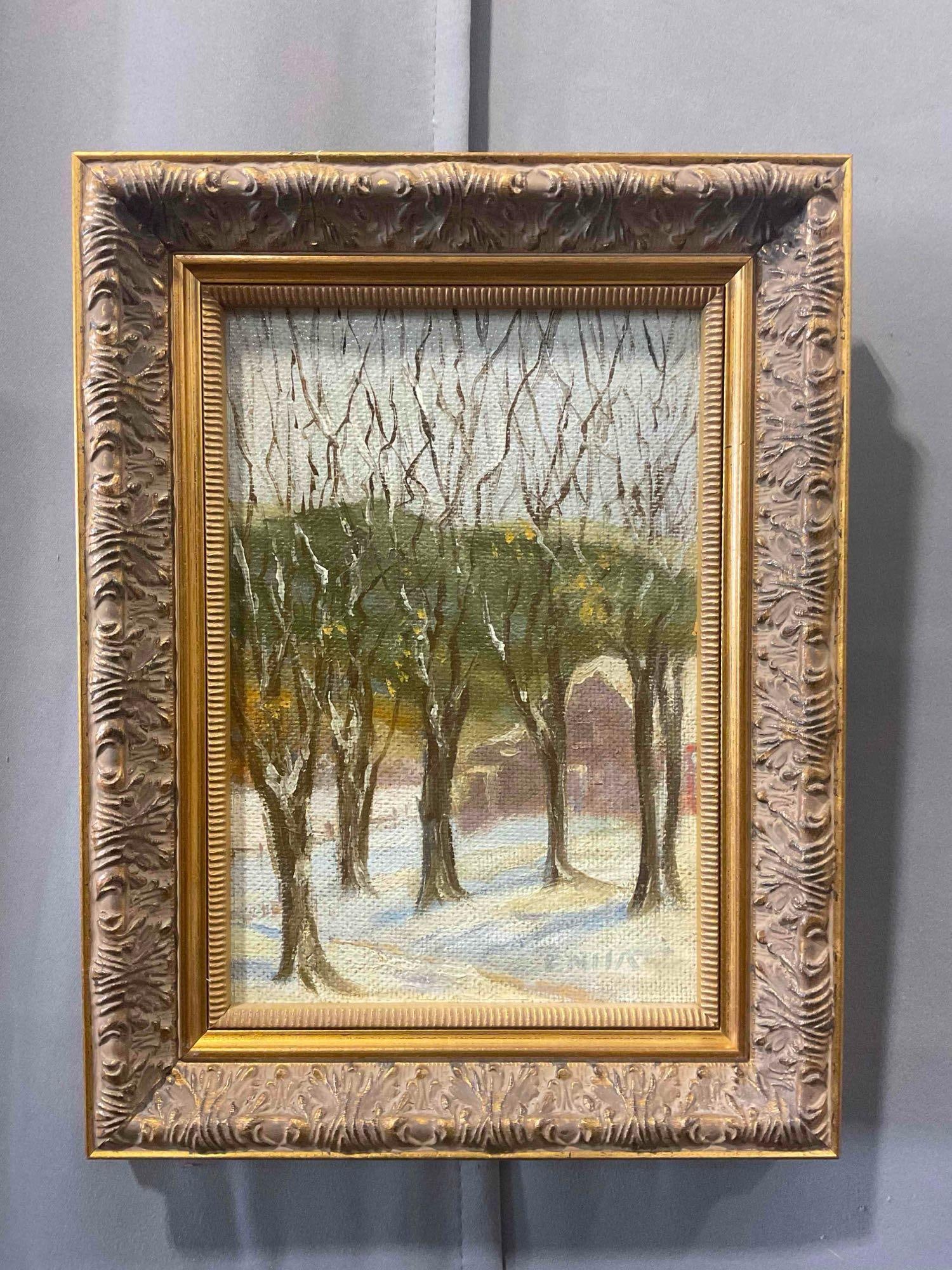 Vintage Framed Original Oil Painting of Trees in Snow, Signed ENHART? Excellent Condition.: Vintage Framed Original Oil Painting of Trees in Snow, Signed ENHART? Excellent Condition. In wood frame. Measures 11" x 14" x 3" Dm-5520 