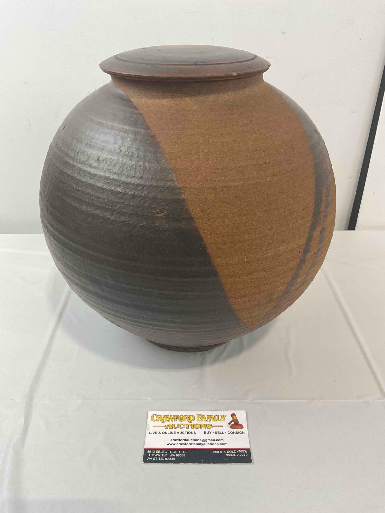 Handsome Vintage Brown Glazed Lidded Ceramic Jar, Signed by Artist. Excellent Condition.: Handsome Vintage Brown Glazed Lidded Ceramic Jar, Signed by Artist. Artist name looks to be Turnoc? Excellent Condition. Measures 11" x 11" x 12" DM-5360