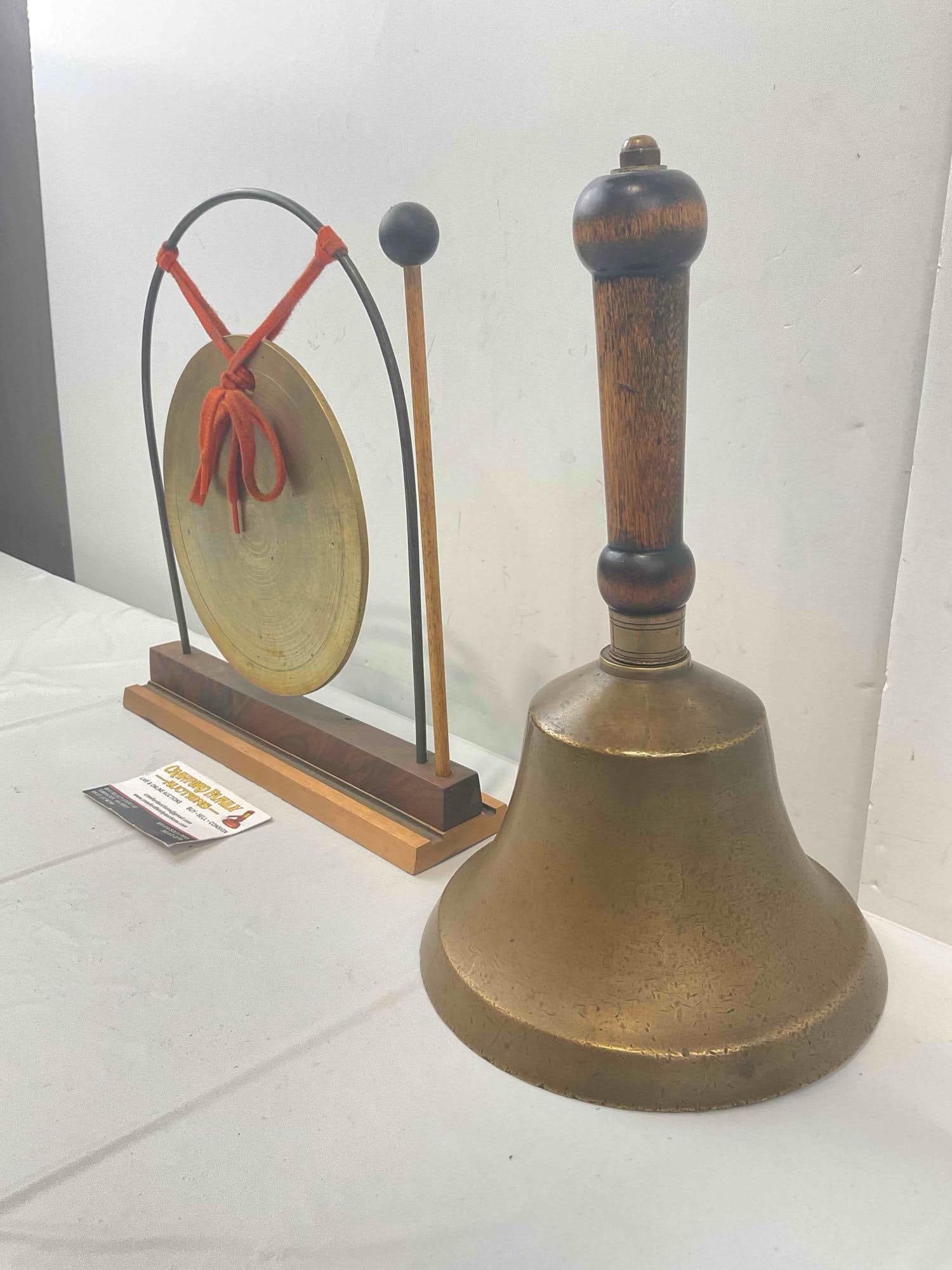 Brass Gong w/ Mallet & Brass Wood Handled Hand Bell. Excellent Condition. See pics. - 2