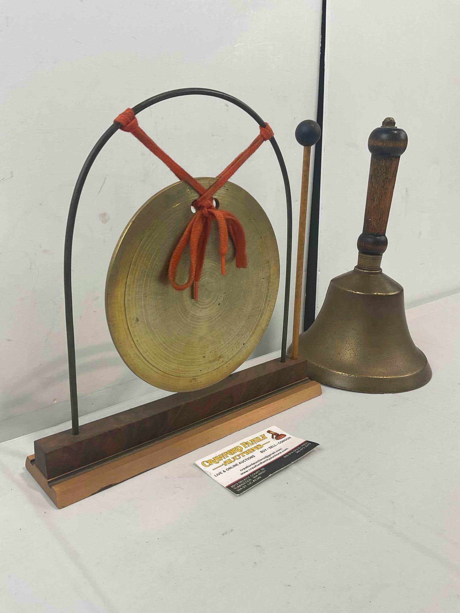 Brass Gong w/ Mallet & Brass Wood Handled Hand Bell. Excellent Condition. See pics. - 3