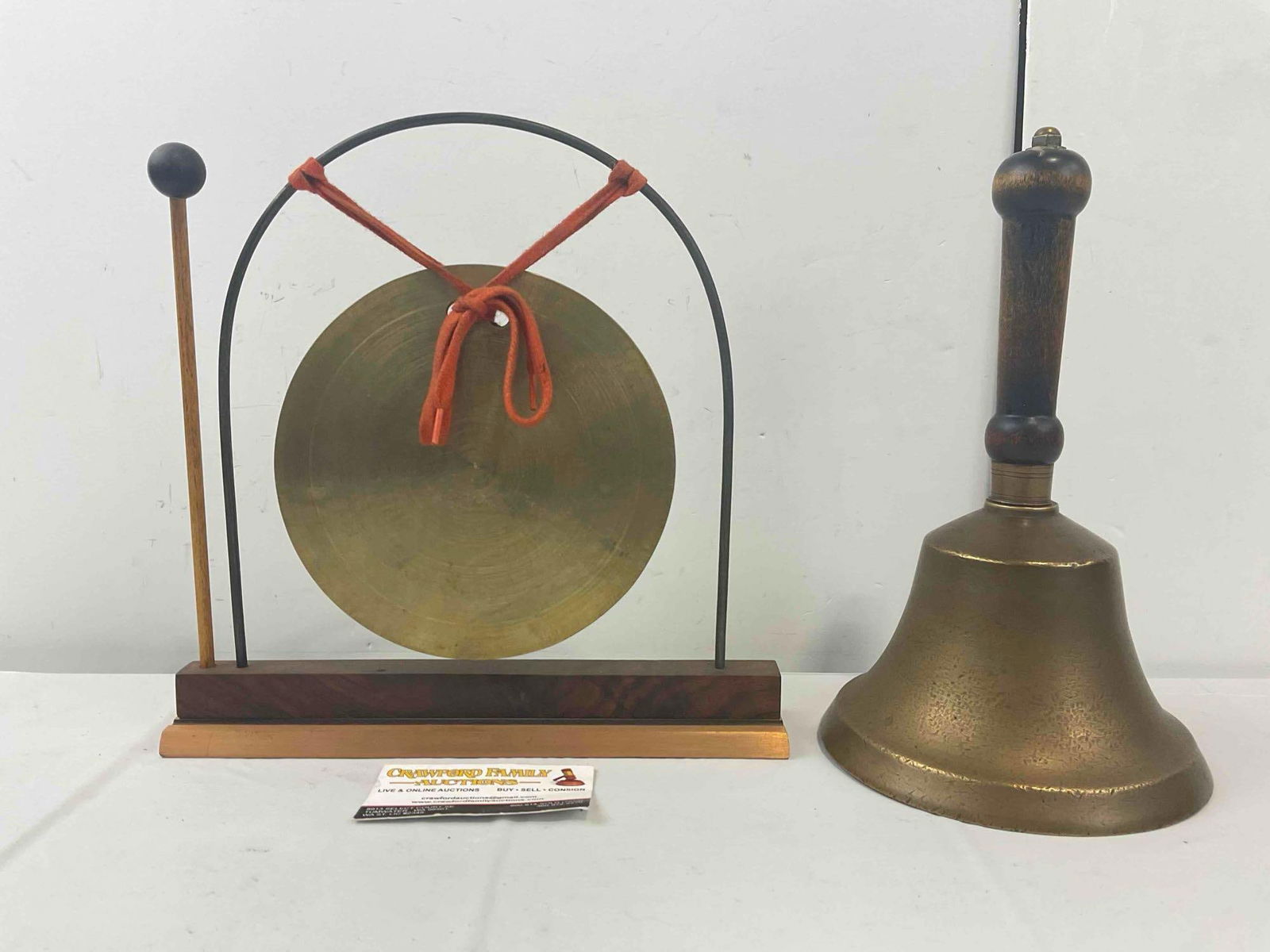 Brass Gong w/ Mallet & Brass Wood Handled Hand Bell. Excellent Condition. See pics. - 4