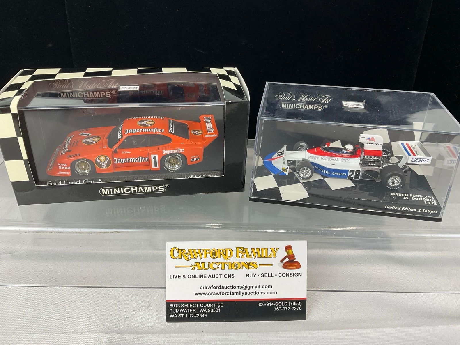 Pair of Minichamps 1/43 Scale Diecast Car Models, March Ford 751 M. Donohue & 1982 Ford Capri GP ...: Appears to be in good shape. The piece measures approx 6h x 7w x 4d inches. See pics. E-5420