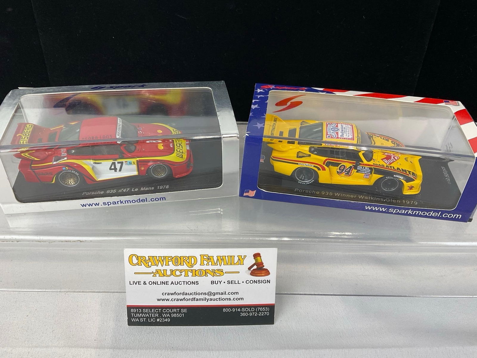 Pair of 1978 & 79 Porsche 935 1/43 Scale Diecast Car Models, Watkins Glen & Le Mans 24H: Appears to be in good shape. The piece measures approx 5h x 7w x 4d inches. See pics. E-5420 