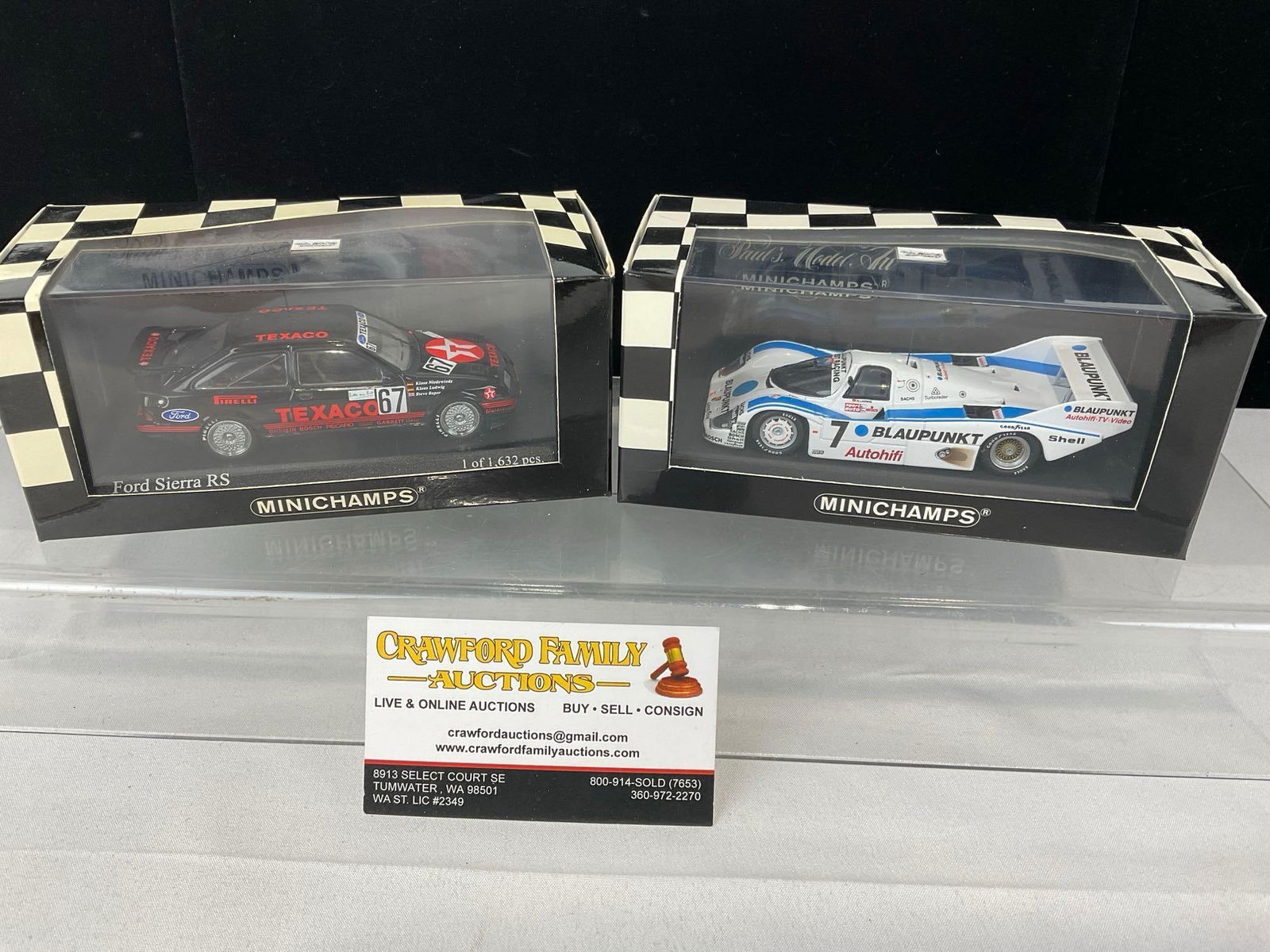 Pair of 1/43 Scale Diecast Car Models, 1986 Porsche 956K Joest & Ford Sierra RS Texaco: Appears to be in good shape. The piece measures approx 6h x 7w x 4d inches. See pics. E-5420