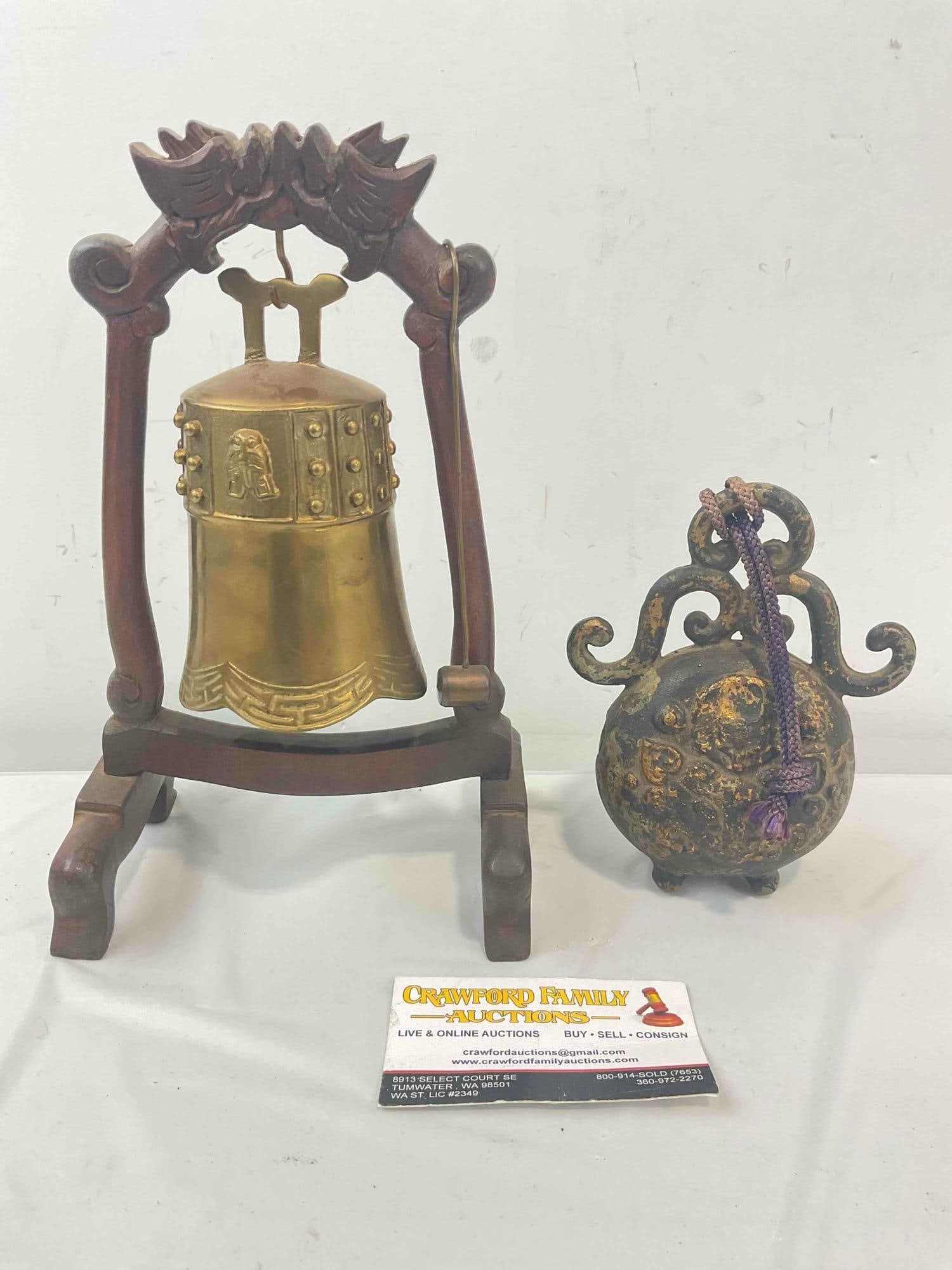 2 pcs Asian Metal Bells, 1x Miniature Temple Style & 1x Antique Buddhist Elephant Bell? See pics.: 2 pcs Asian Metal Bells, 1x Miniature Temple Style & 1x Antique Buddhist Elephant Bell? Minor wear indicative of age, condition is otherwise very good. Larger measures 6" x 4" x 9" DM-5360 