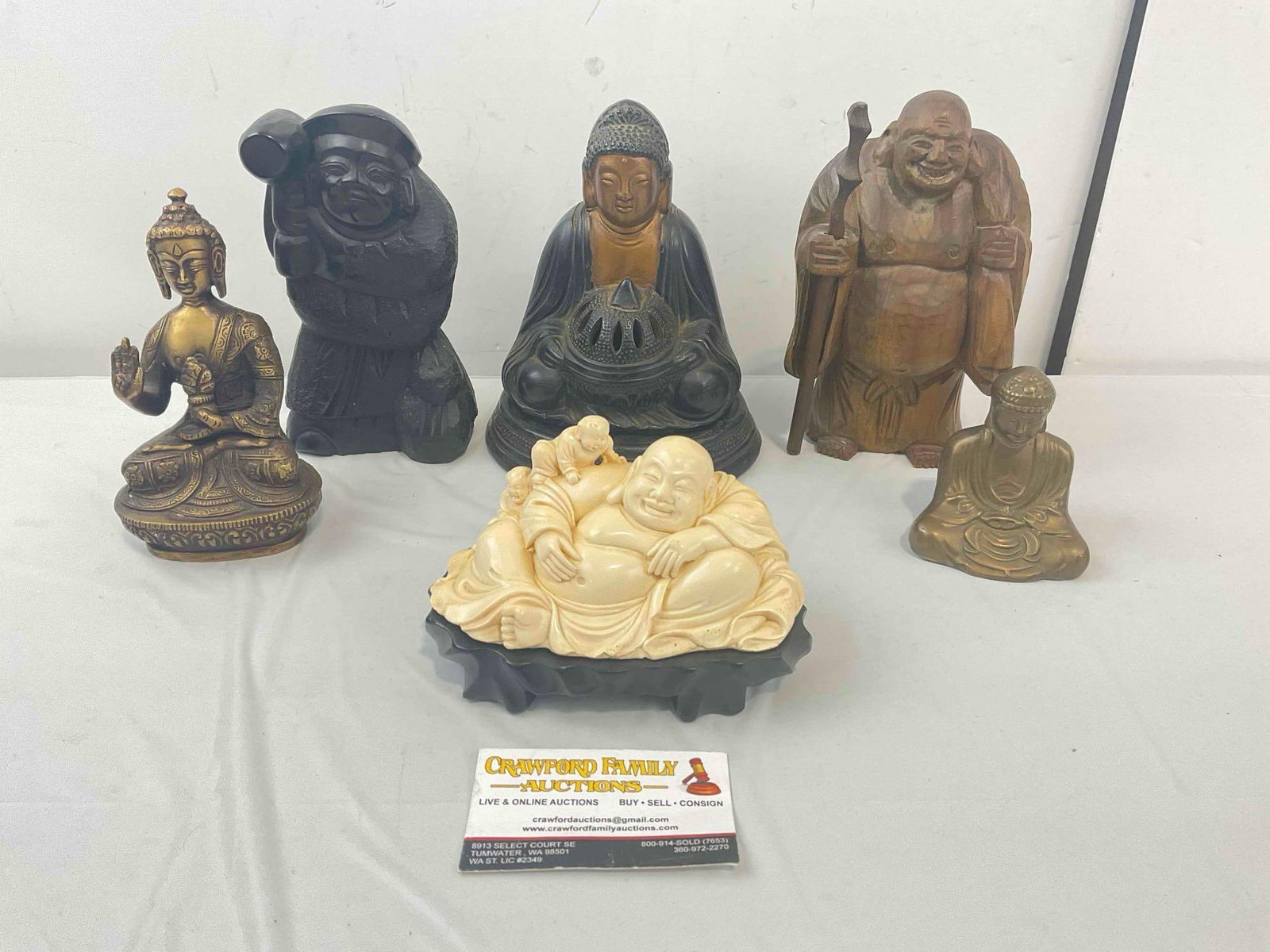 6 pcs Vintage Buddha Figurines, incl. Resin, Wood & Metal. Excellent Condition. See pics. (1 of 5)