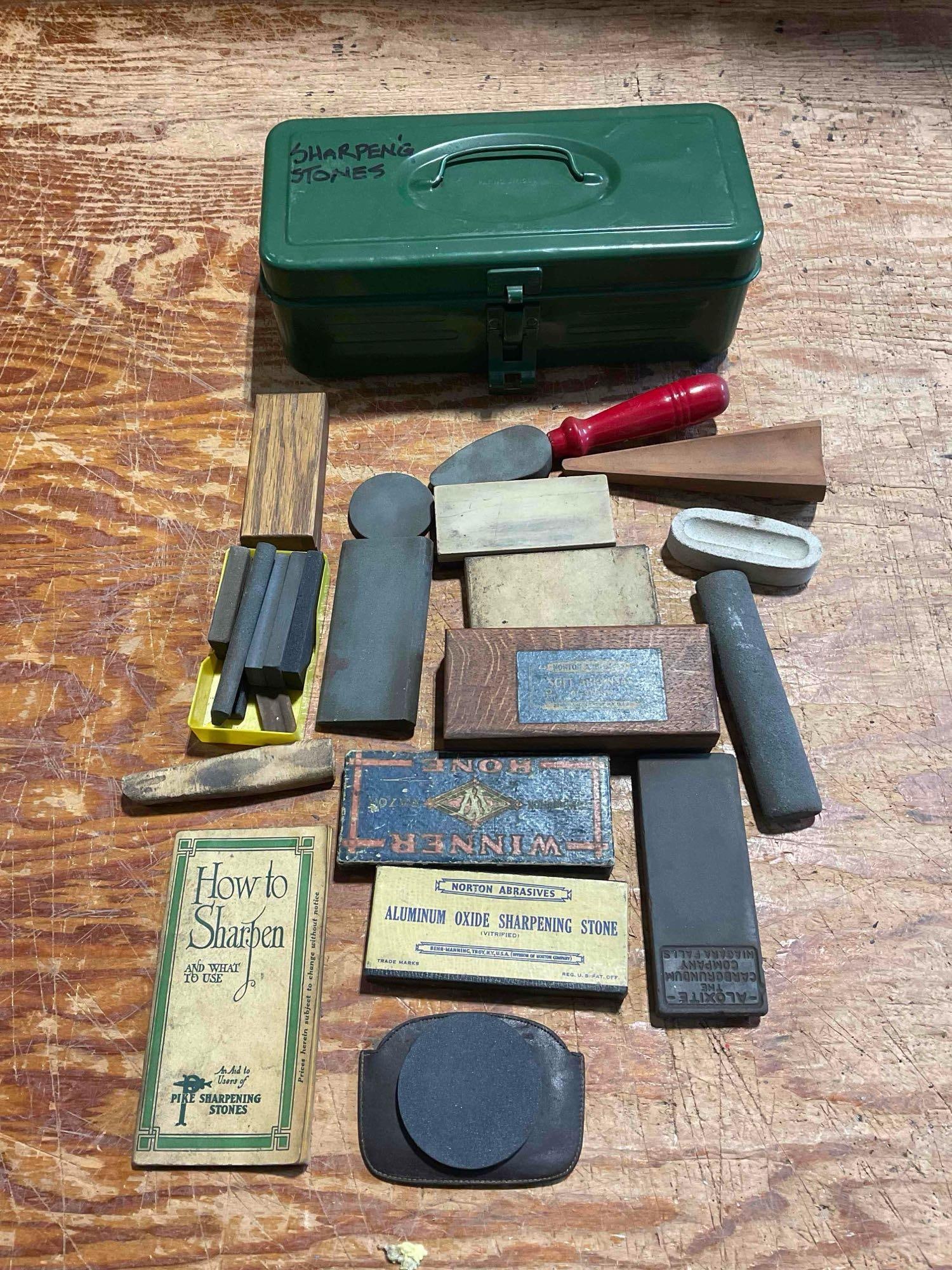 Collection of Vintage Oil and wet Stones for Sharpening and Honing.: Items fit in a container approximately 15" x 7" x 5". Items are in fair to good condition. Some stones have plenty of oil seasoning while others are newer. Comes in a small metal tool box, v-5360 