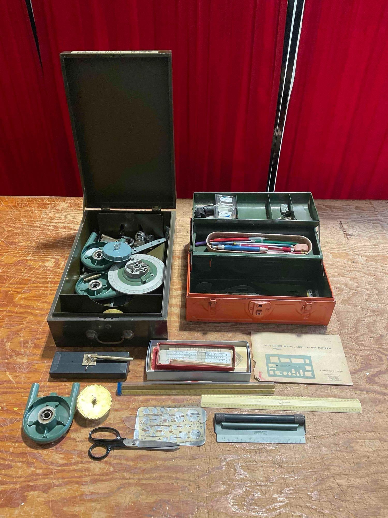 Collection of Drafting Supplies, Tools, and Machine Parts with 2x Metal Carrying Cases: Approximately 17" x 12" x 14" together. Items are in fair condition. As is. V-5360