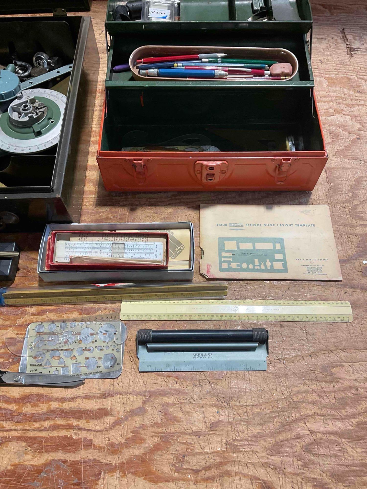 Collection of Drafting Supplies, Tools, and Machine Parts with 2x Metal Carrying Cases - 2