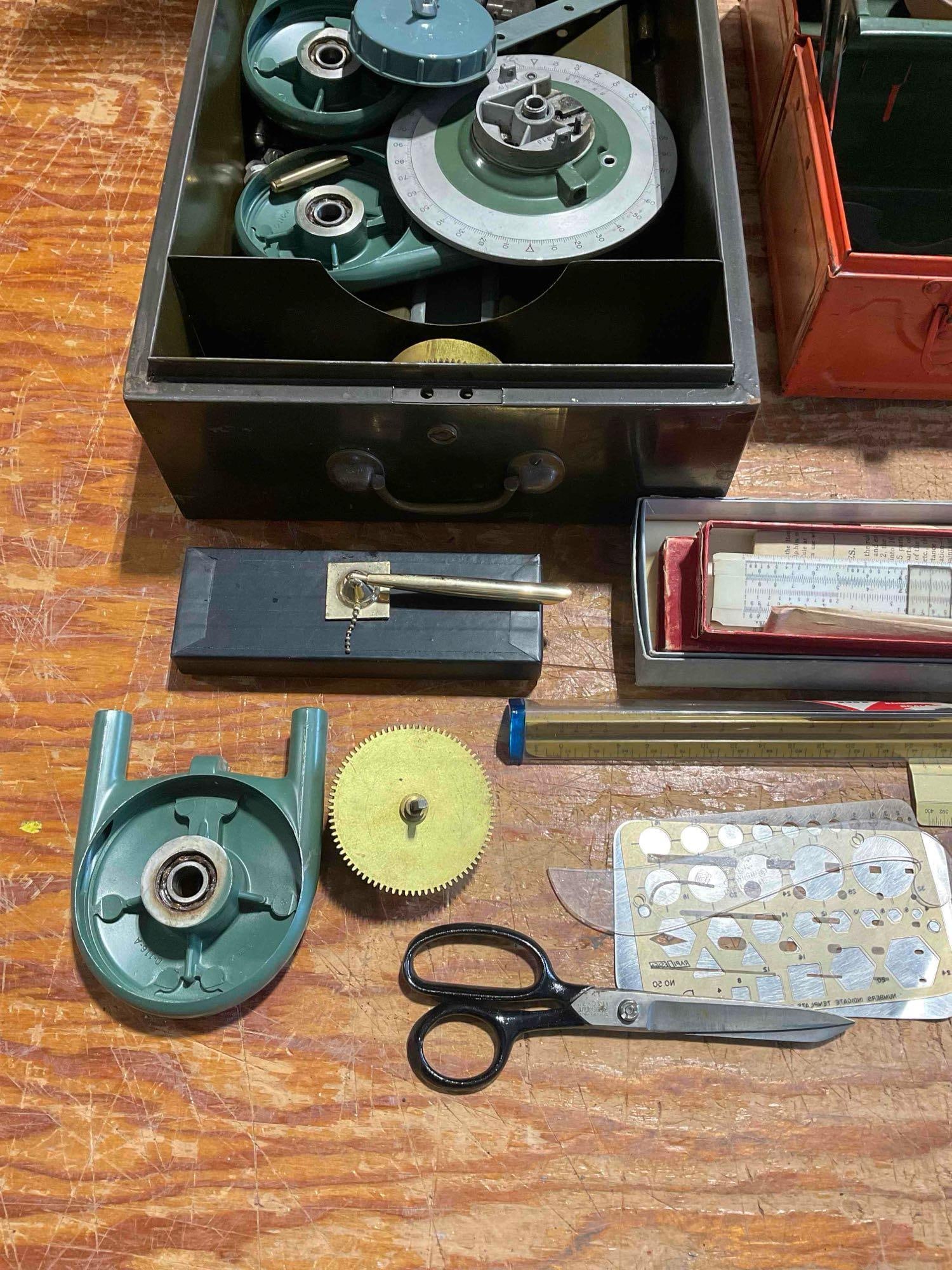 Collection of Drafting Supplies, Tools, and Machine Parts with 2x Metal Carrying Cases - 5