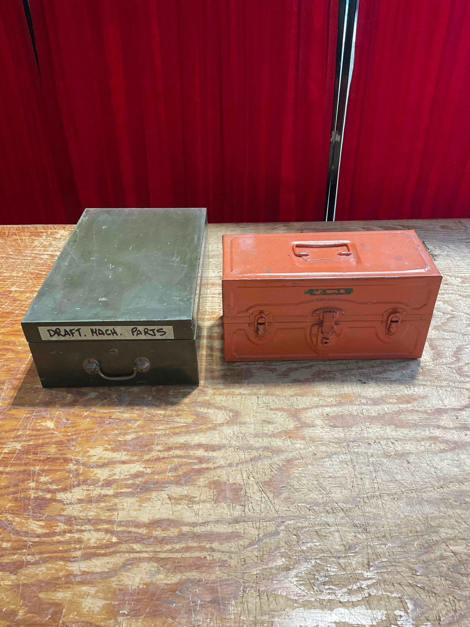 Collection of Drafting Supplies, Tools, and Machine Parts with 2x Metal Carrying Cases - 6