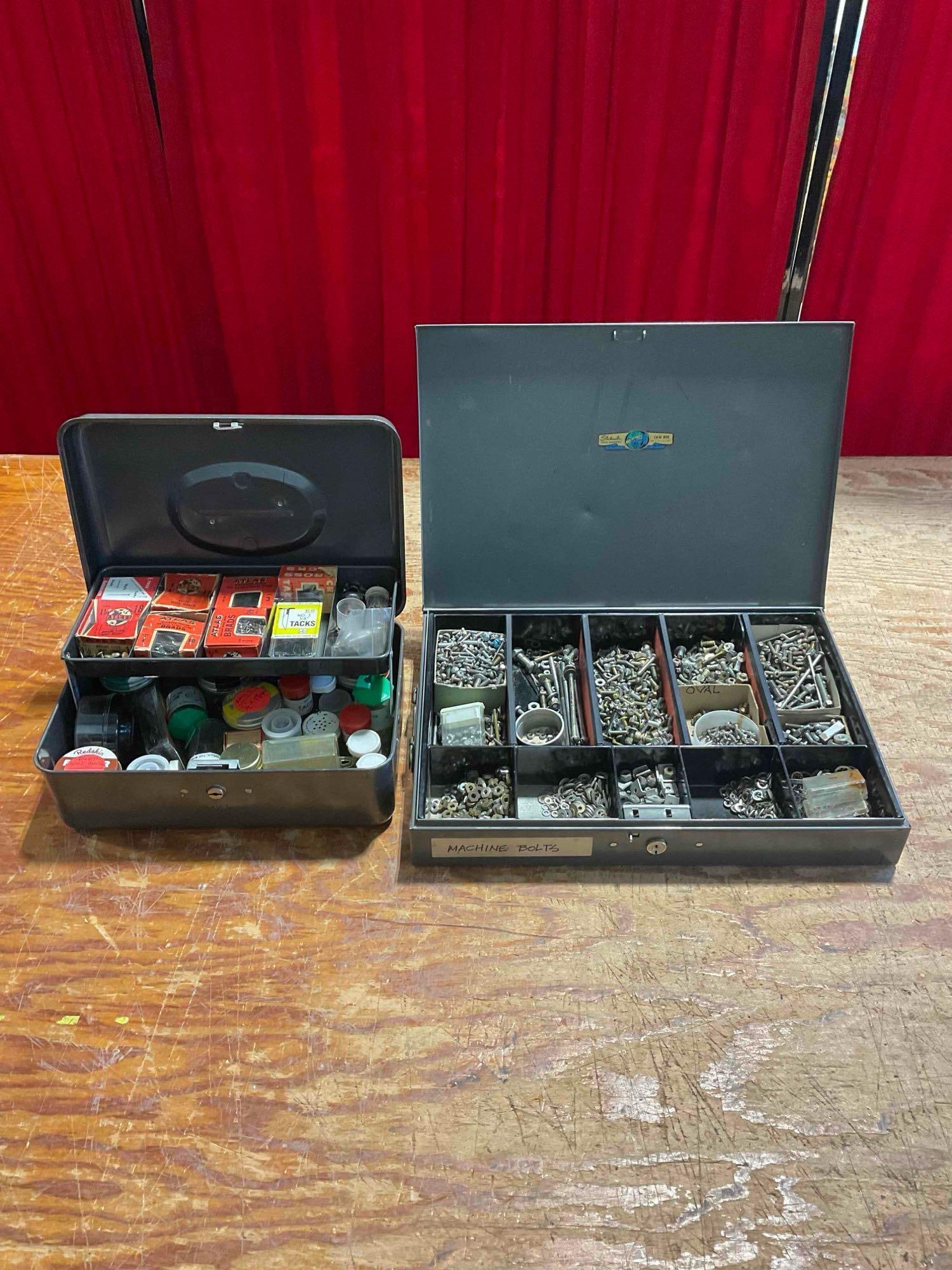 Pair of Metal Storage Boxes, Tacks & Small Upholstery Nails, The Other Various Machine Screws: Approximately 12" x 16" x 8" together. Items are in fair condItion. As is. V-5360 