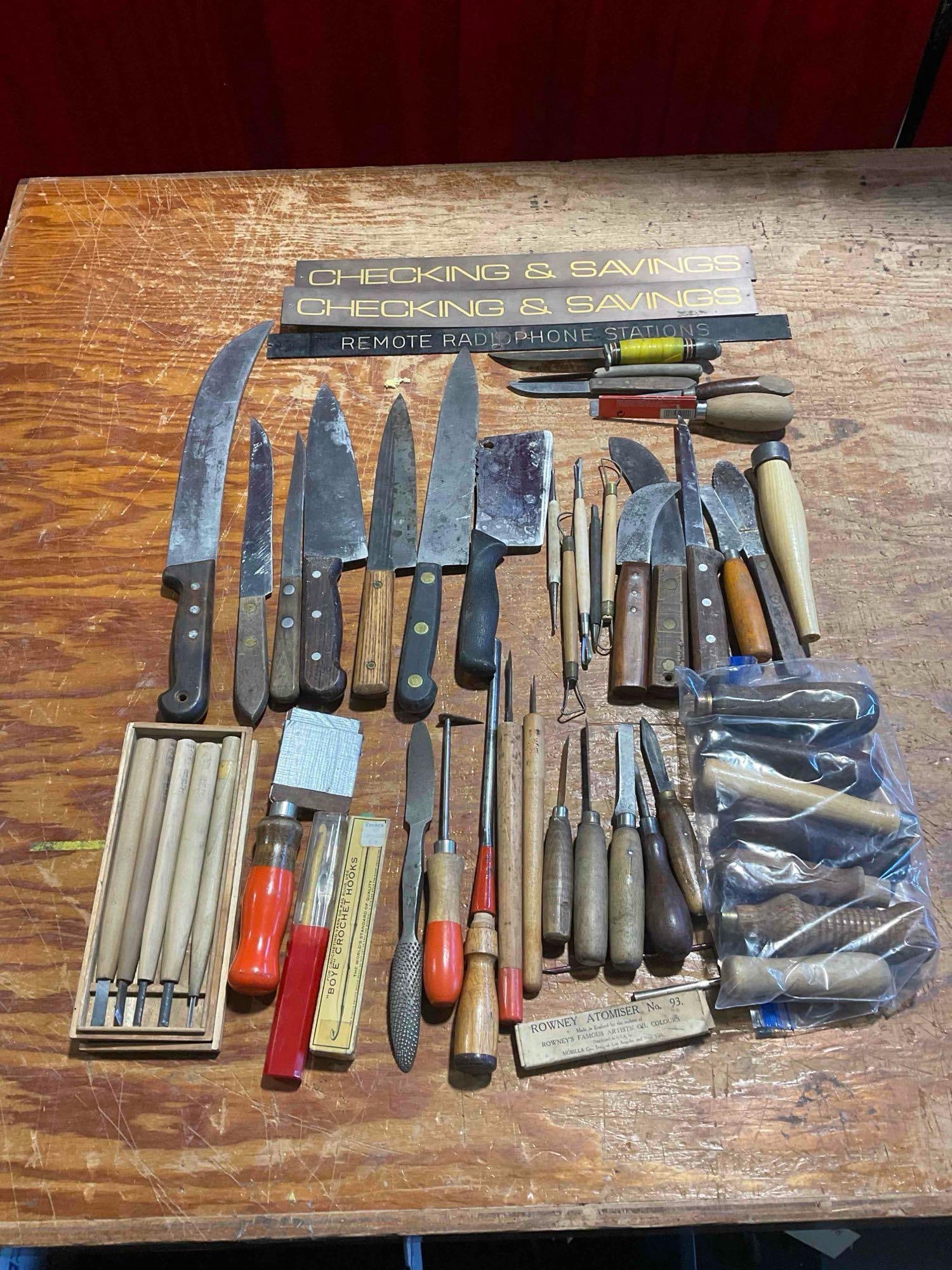 Collection of 30+ Tools including Knives and Blades for Carving, Sculpting, Gardening,: Fits into a container approximately 22" x 16" x 4". Items are in fair condition and several of the knives will need fresh edges. V-5360 