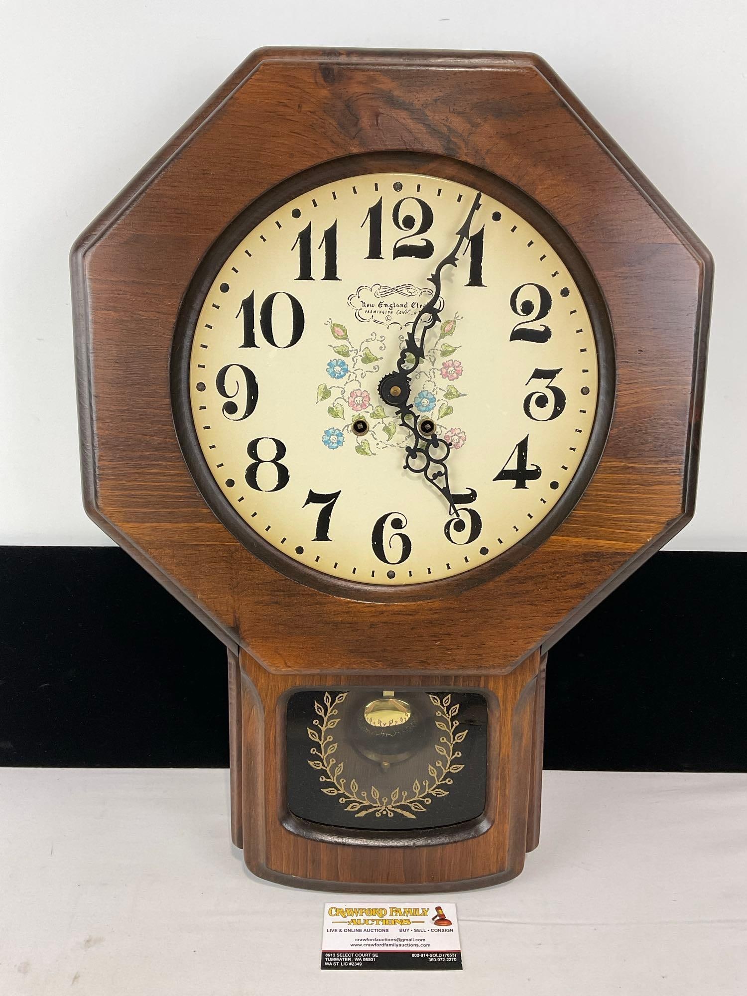 Vintage New England Clock Co Time Strike Wall Clock, Schoolhouse Regulator, 22h x 16w x 5d inches (1 of 6)