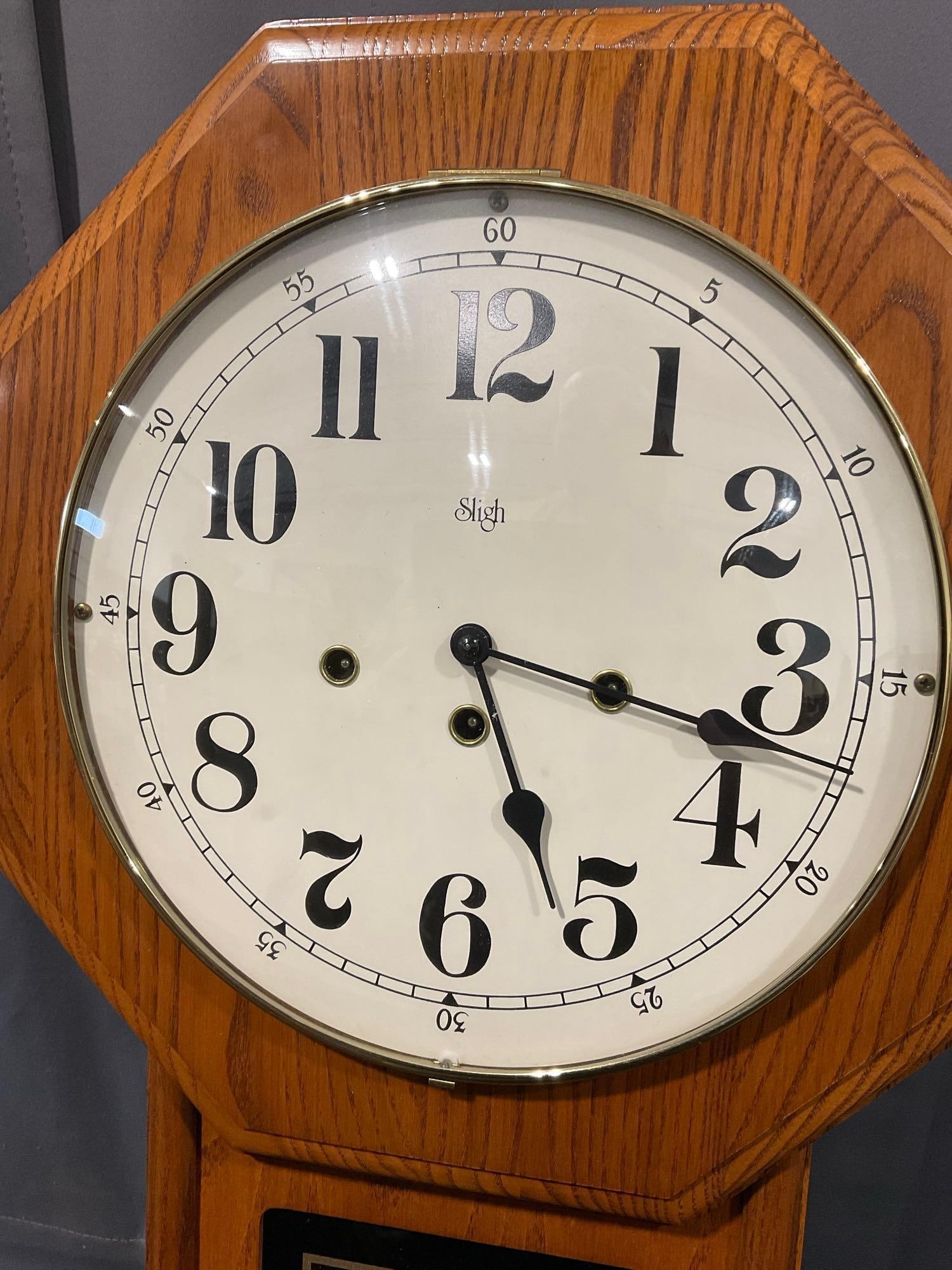 Vintage Sligh Schoolhouse Regulator Wall Clock Time Strike Chime, 26h x 15w x 7d inches - 2
