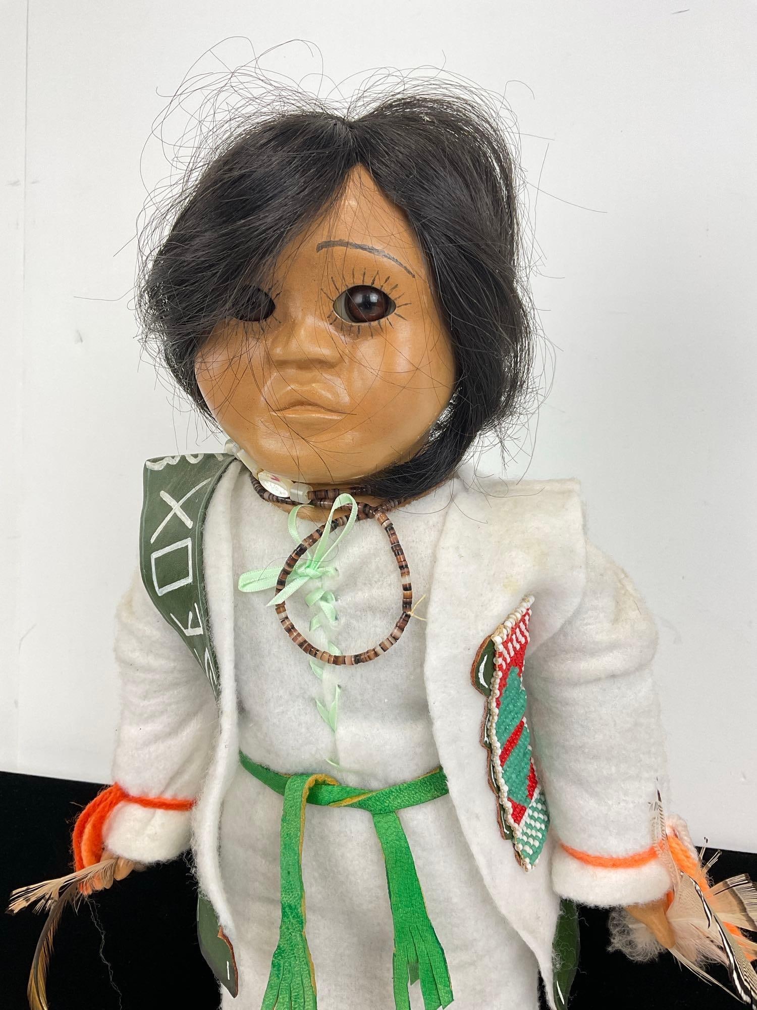 Handmade Native American Doll, Ornate Green/White Clothes, w/intricate beadwork, 19x9x5 inches - 2