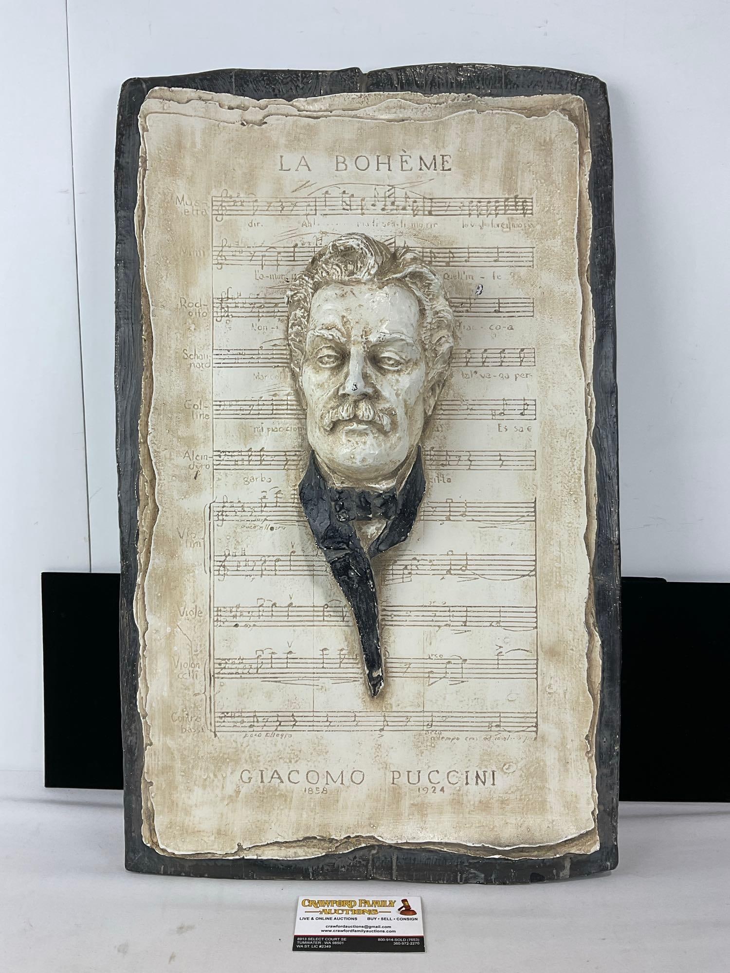 Large Plaster/Composite La Boheme Giacomo Puccini Plaque, Composers Bust on Music Page, 25x16 inc...: Similar to the next piece. Appears to be in fair to good shape, some wear can be seen. The piece measures approx 25h x 16w x 5d inches. See pics. E-5430