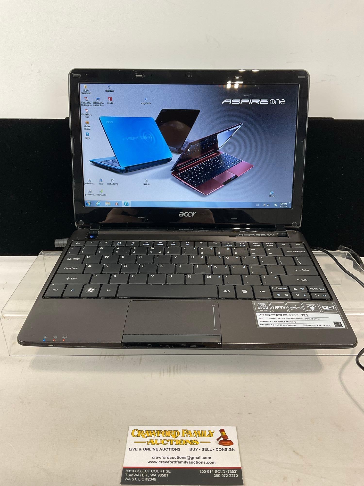 2011 Acer Aspire One 722 Netbook, Older model, tested & working, Windows 7, very portable: Appears to be in fair to good shape, tested & working, includes the power cable. The piece measures approx 4h x 12w x 9d inches. See pics. E-2569 