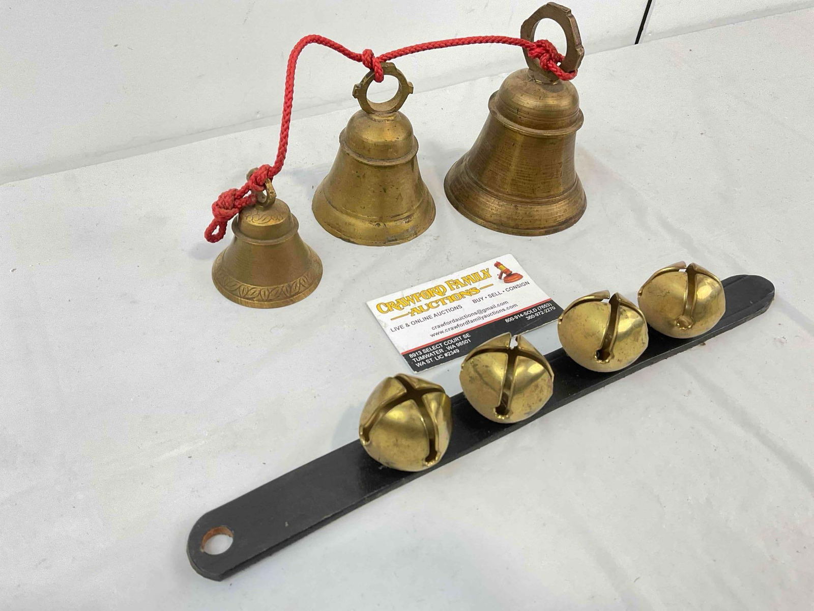 2 pcs Vintage Brass Bells, incl. Trio of Bells & Belled Leather Collar. Very Good Condition. See - 2