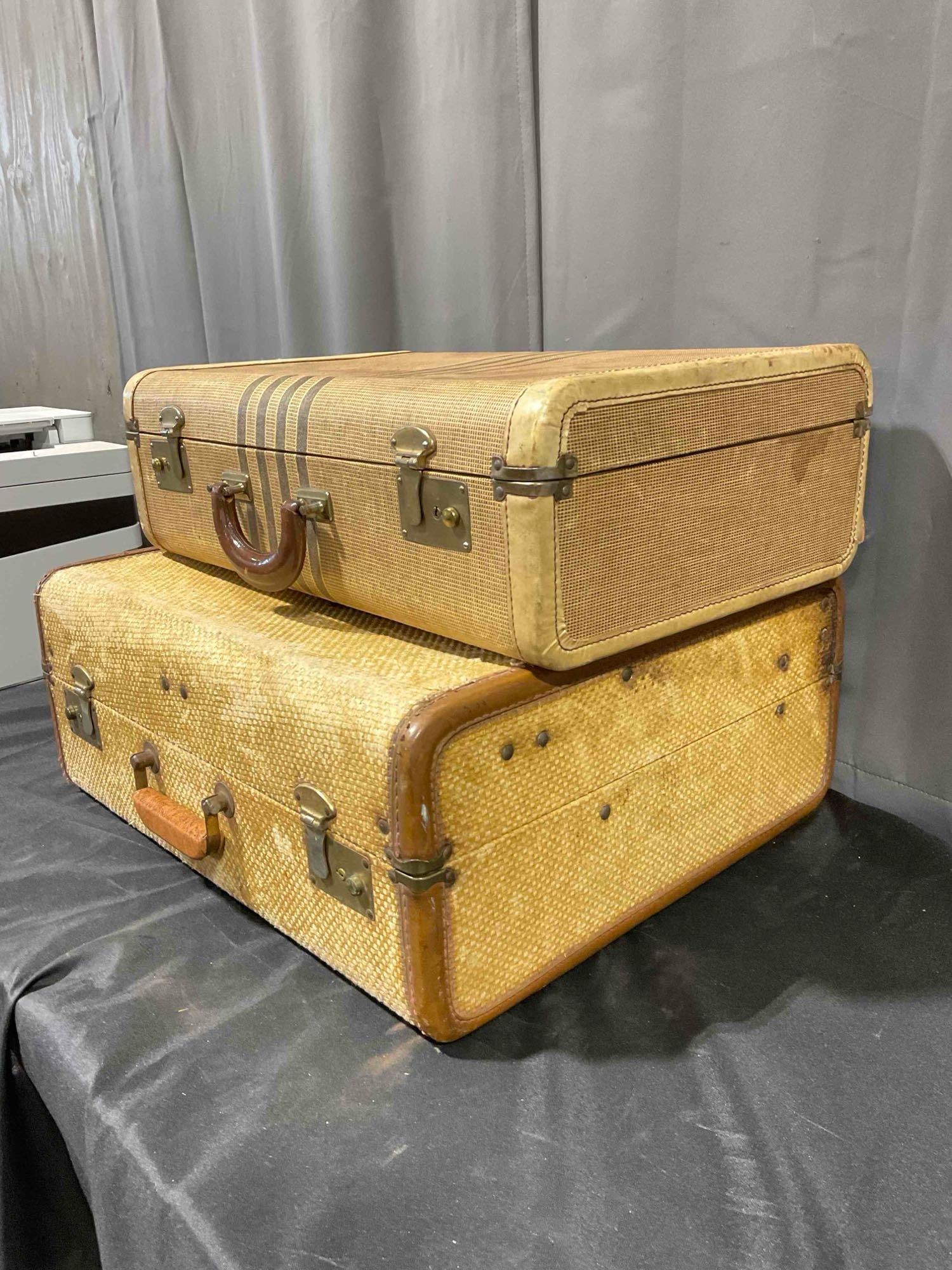 2 pcs Vintage Suitcases, 1x Brown Striped & 1x Woven Yellow w/ Lovely Brown Fabric Interior. - 2
