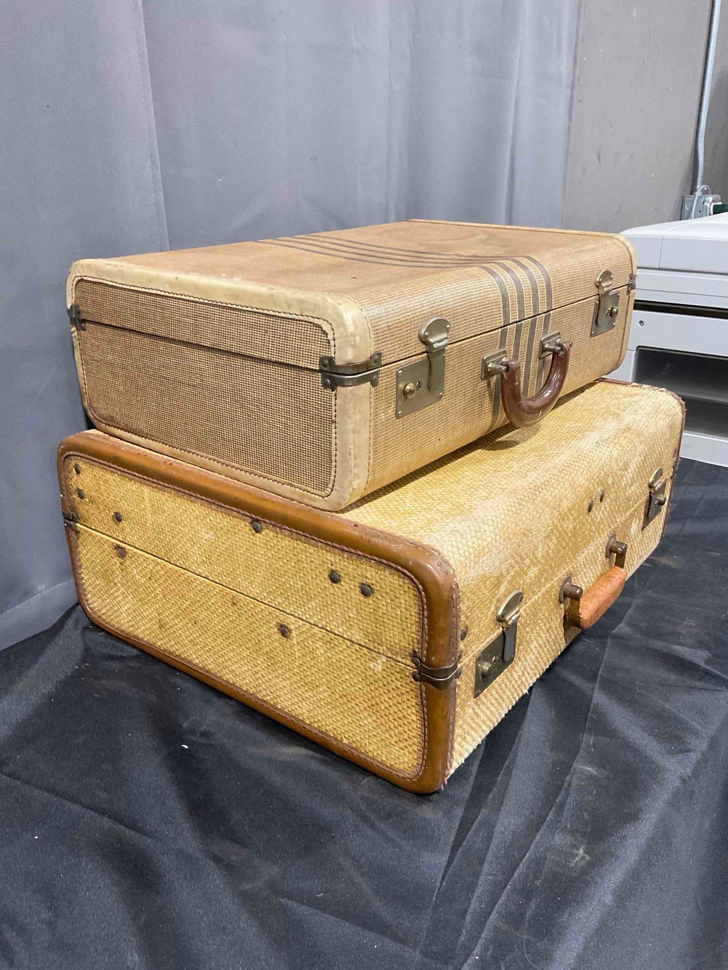 2 pcs Vintage Suitcases, 1x Brown Striped & 1x Woven Yellow w/ Lovely Brown Fabric Interior. - 3