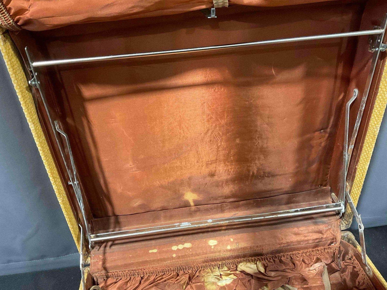 2 pcs Vintage Suitcases, 1x Brown Striped & 1x Woven Yellow w/ Lovely Brown Fabric Interior. - 8