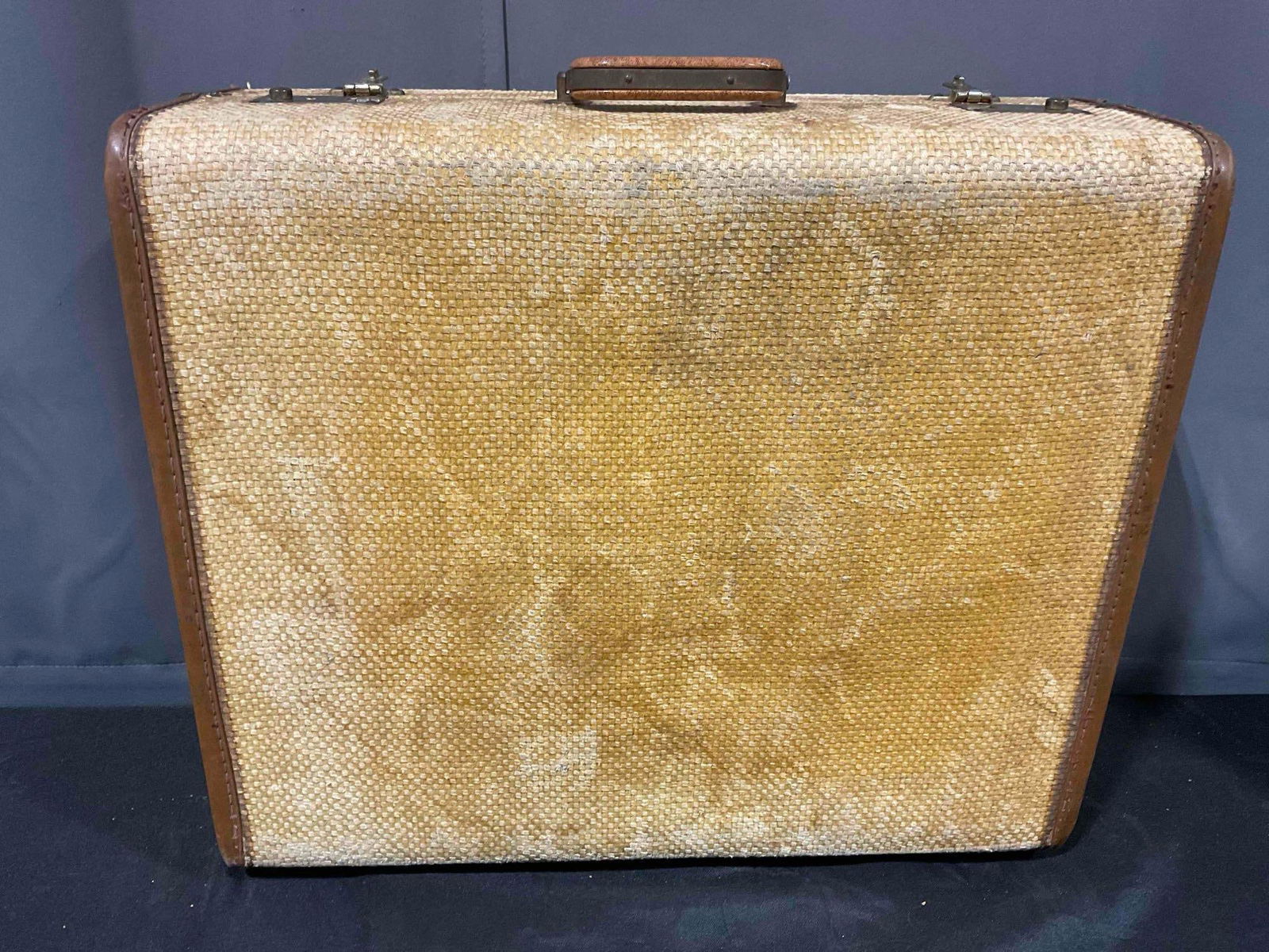 2 pcs Vintage Suitcases, 1x Brown Striped & 1x Woven Yellow w/ Lovely Brown Fabric Interior. - 9