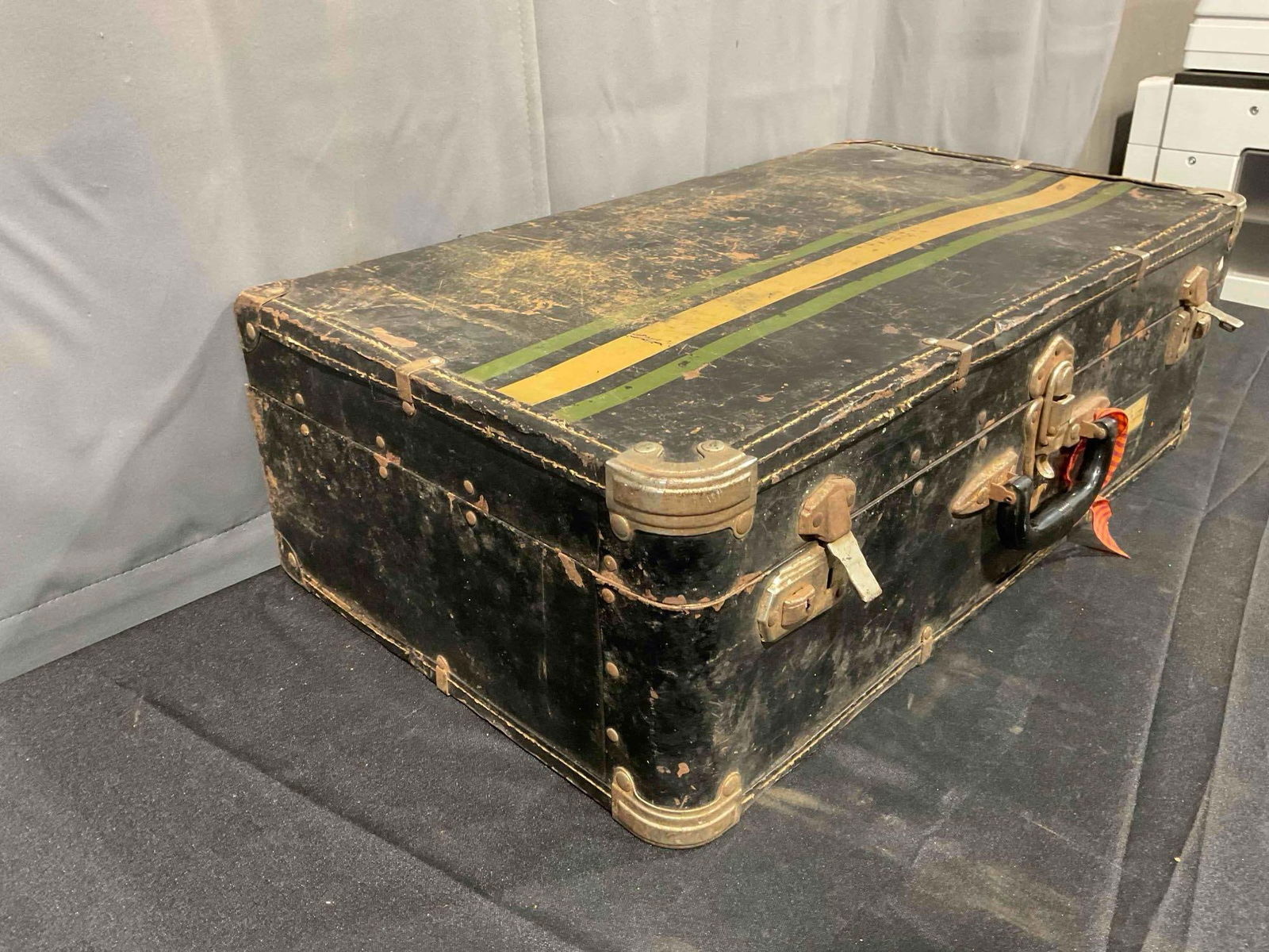 Vintage Black Metal Suitcase w/ Orange & Green Stripes. Good Condition. See pics. - 2