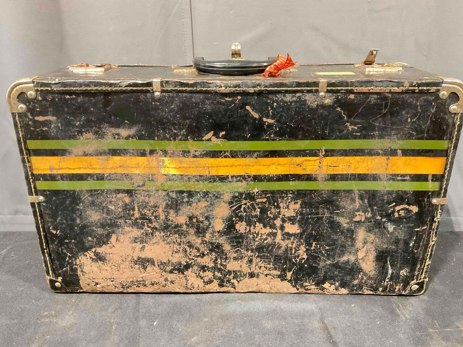 Vintage Black Metal Suitcase w/ Orange & Green Stripes. Good Condition. See pics. - 5