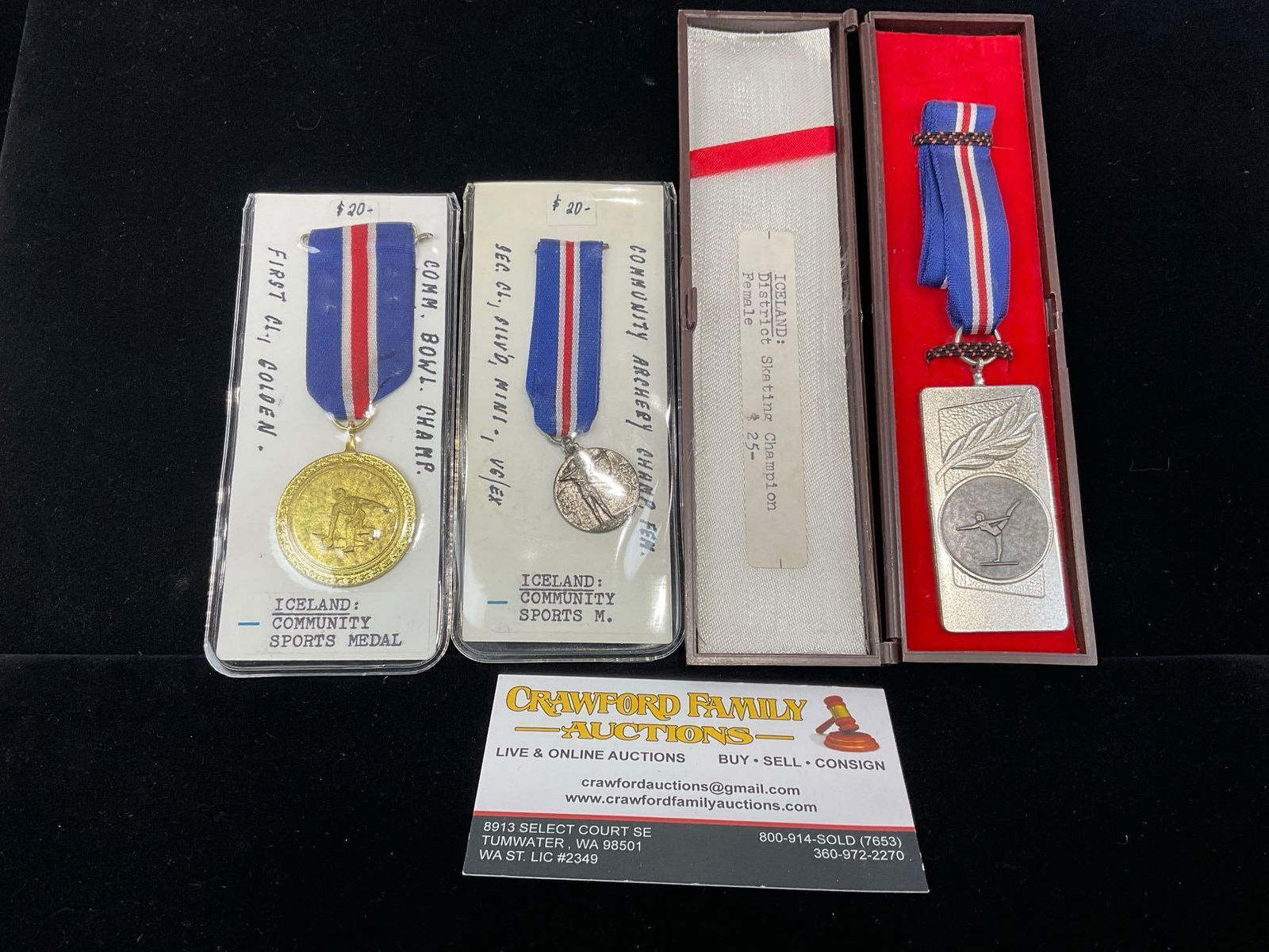 3 Icelandic Sports Medals, Community Sports 1st & 2nd Class + District Skating Champion in case: All from a single collection, these are briefly described on the tag and were kept in a display. They measure approx 6h x 3w x 2d inches. See pics. E-5300 