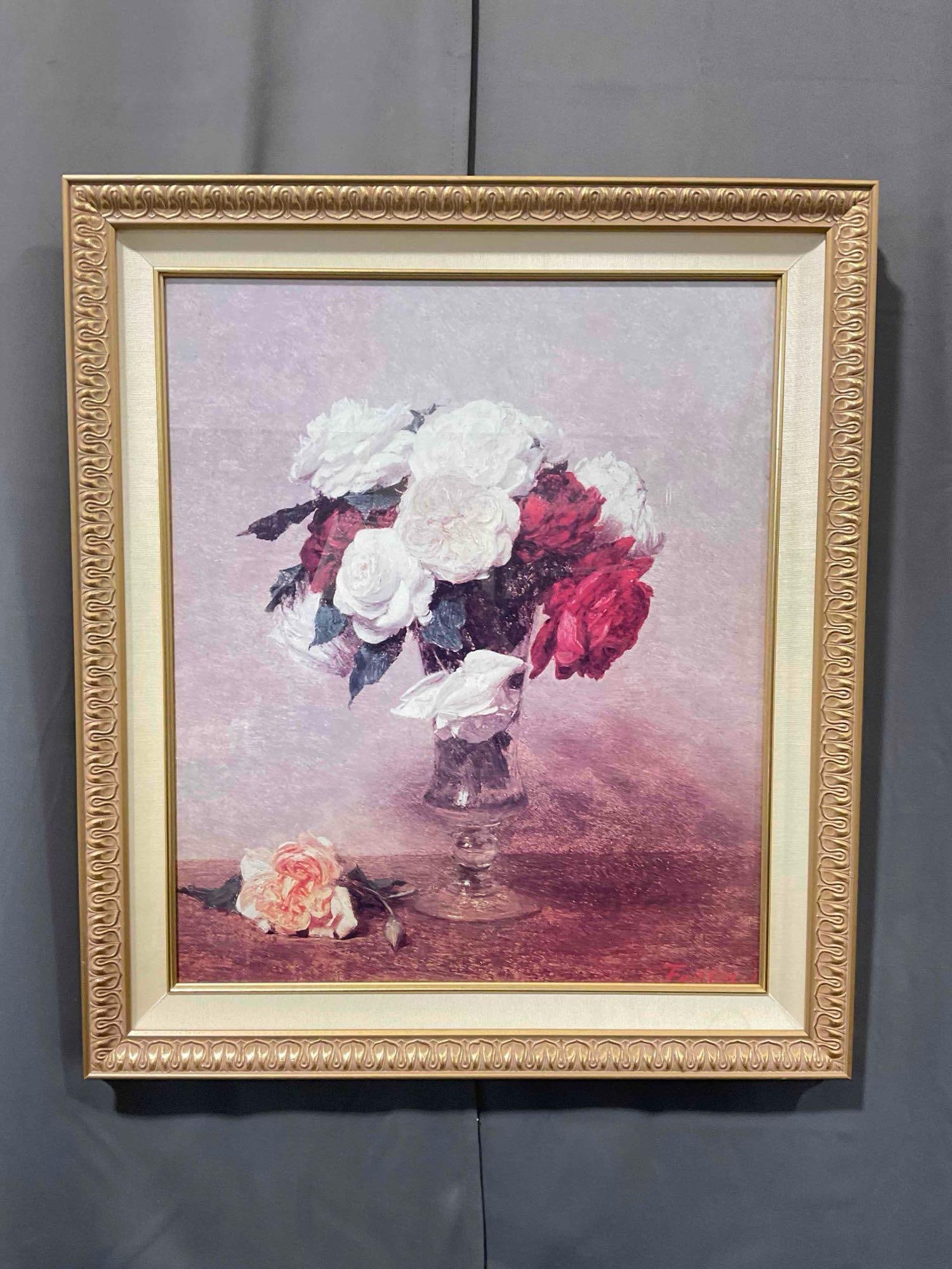 Framed Print of "Roses in a Stemmed Glass" by Henri Fantin-Latour. Very Good Condition. - 6